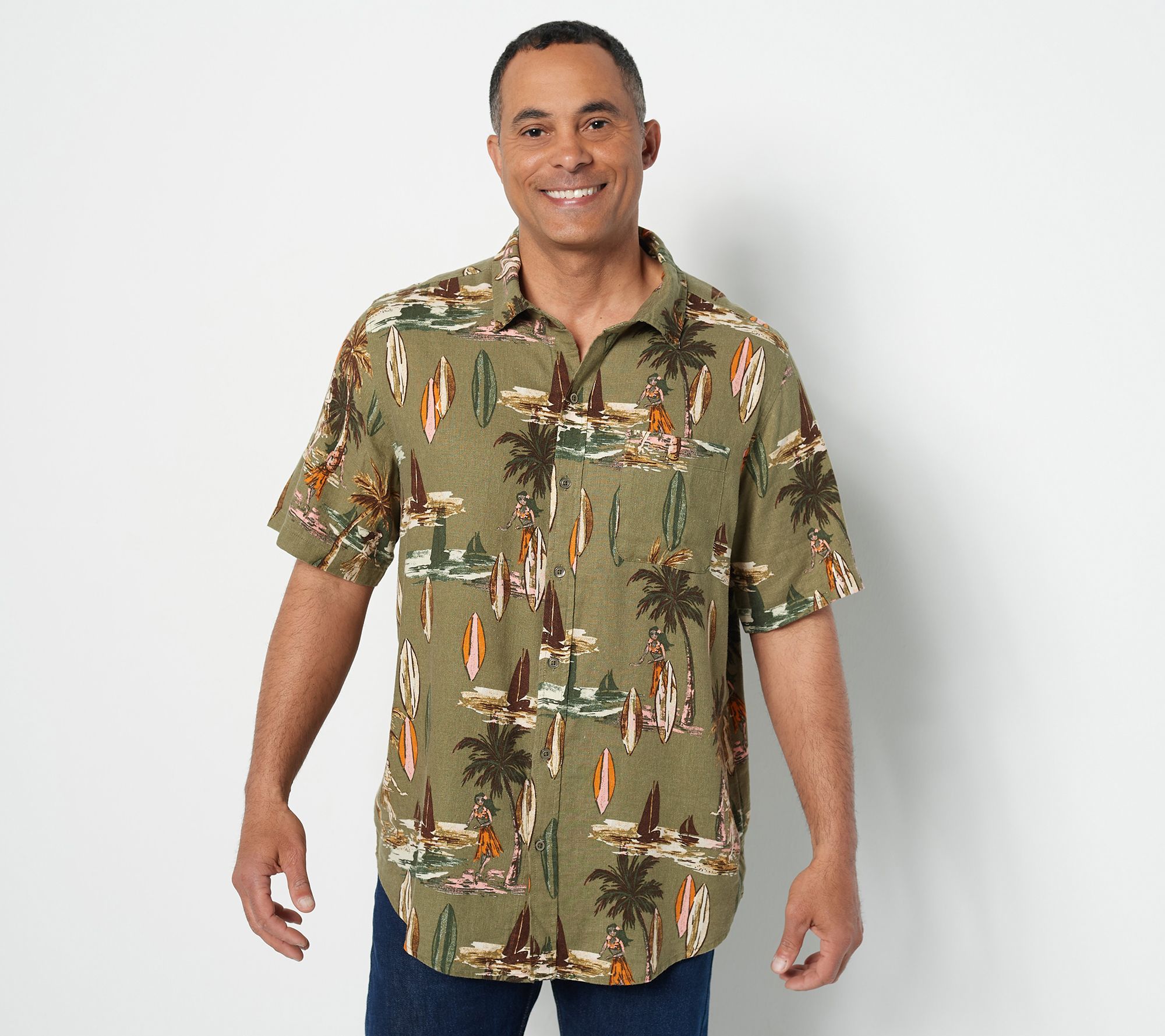 Denim & Co. Naturals Men's Printed Short Sleeve Linen Shirt - QVC.com