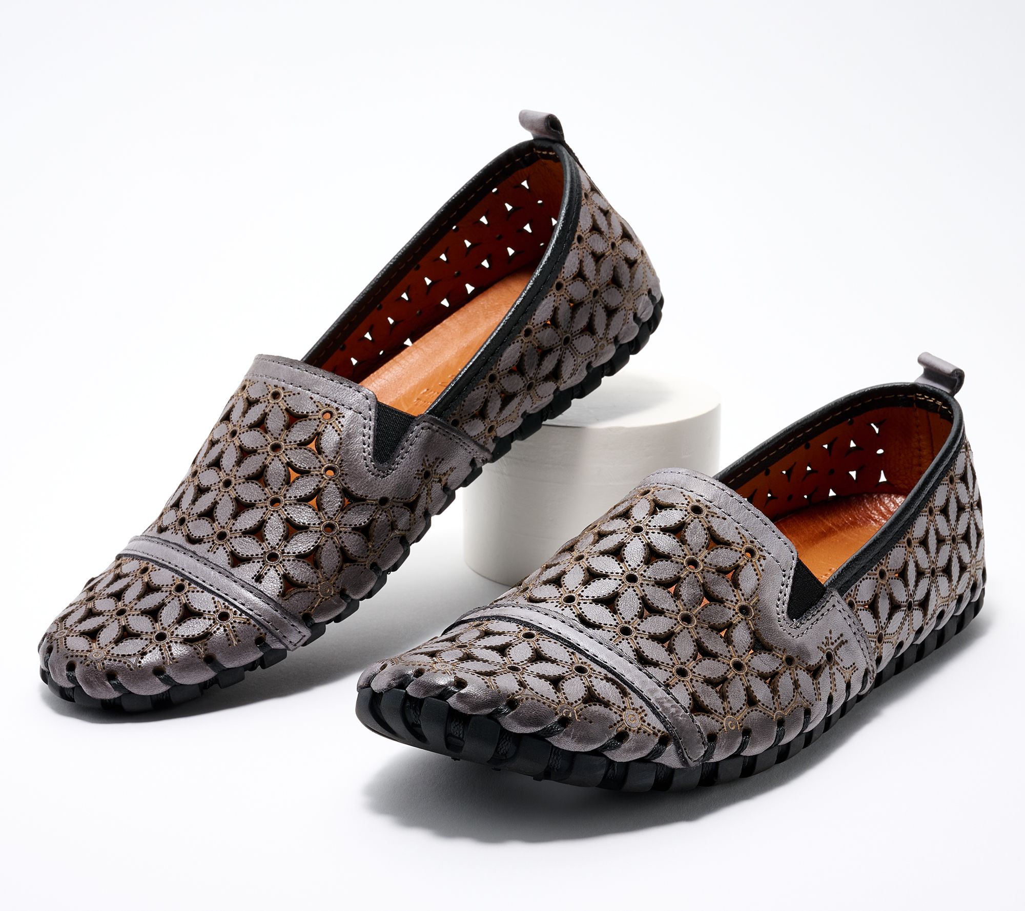 Spring Step Leather Perforated Slip-Ons - Flowerflow