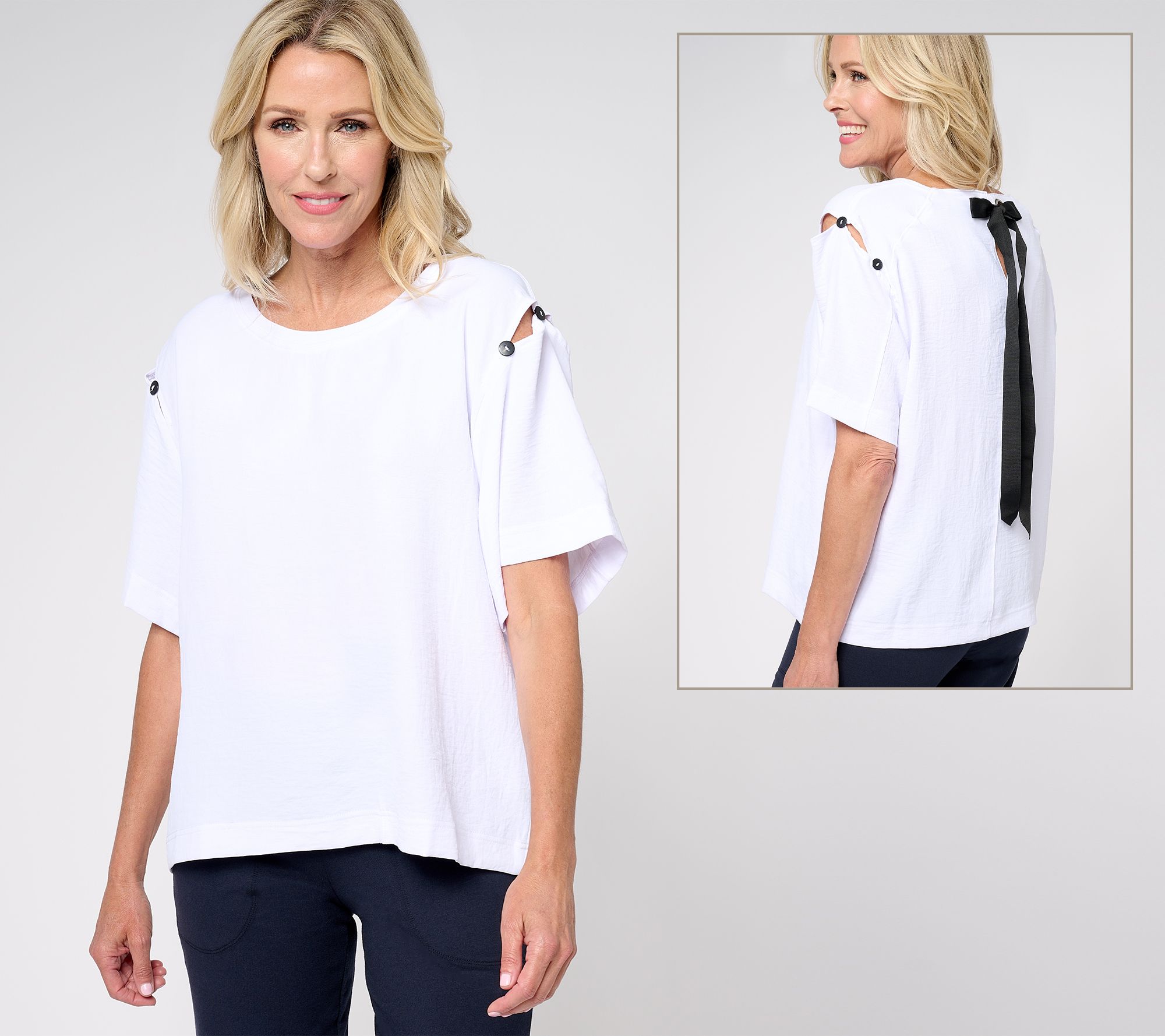 Attitudes by Renee Linen Drop Shoulder Tee w/Bow Detail