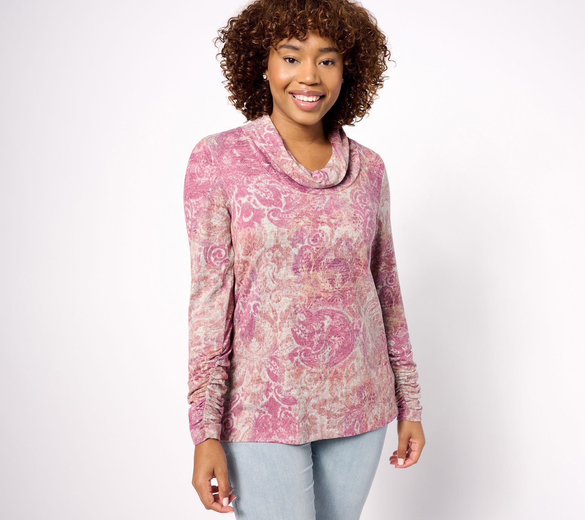 Susan Graver Weekend Printed Sweater Knit Cowl Neck Long Sleeve Top