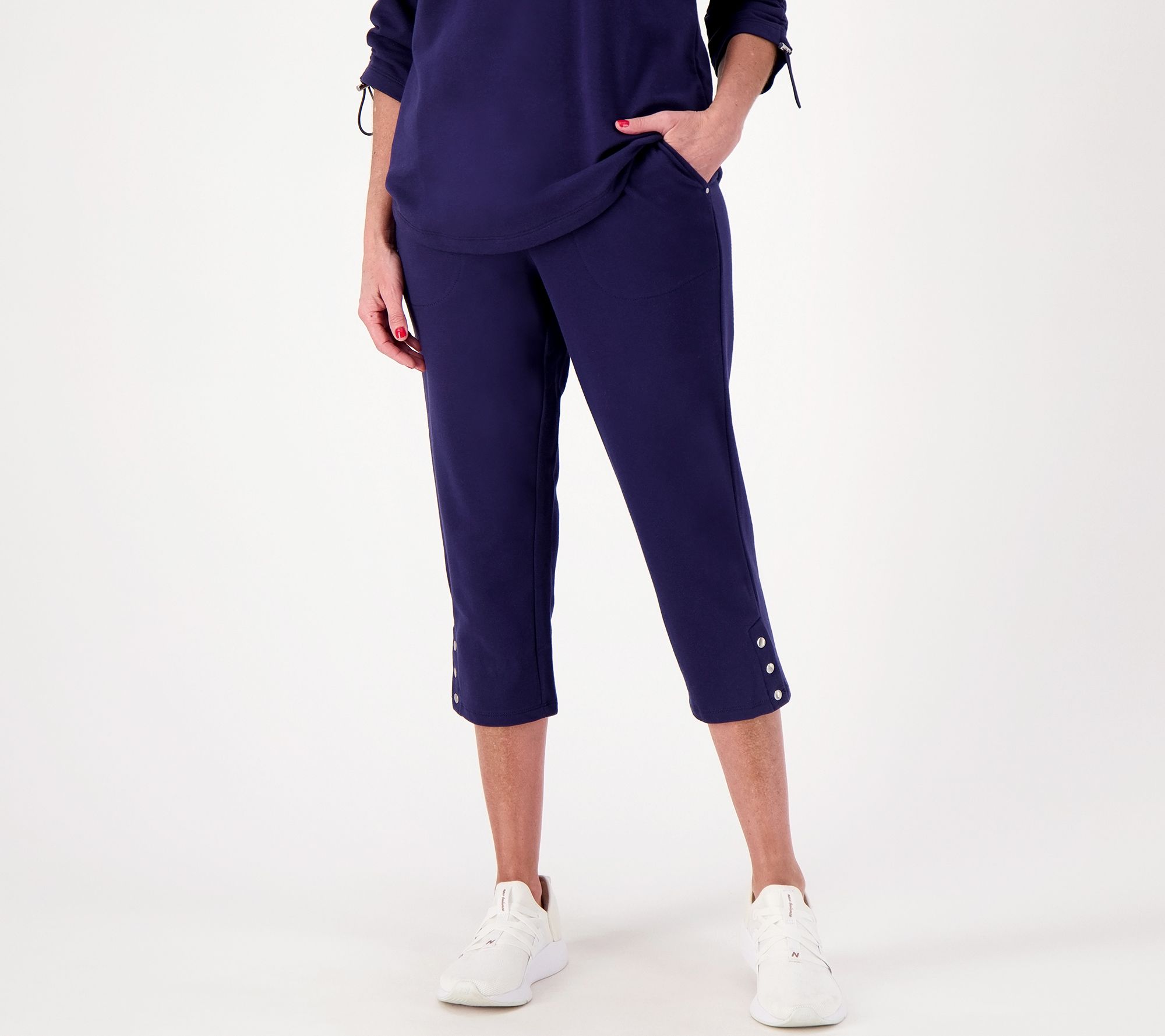 "As Is" Sport Savvy Regular French Terry Slim Leg Capri w/ Snap Detail