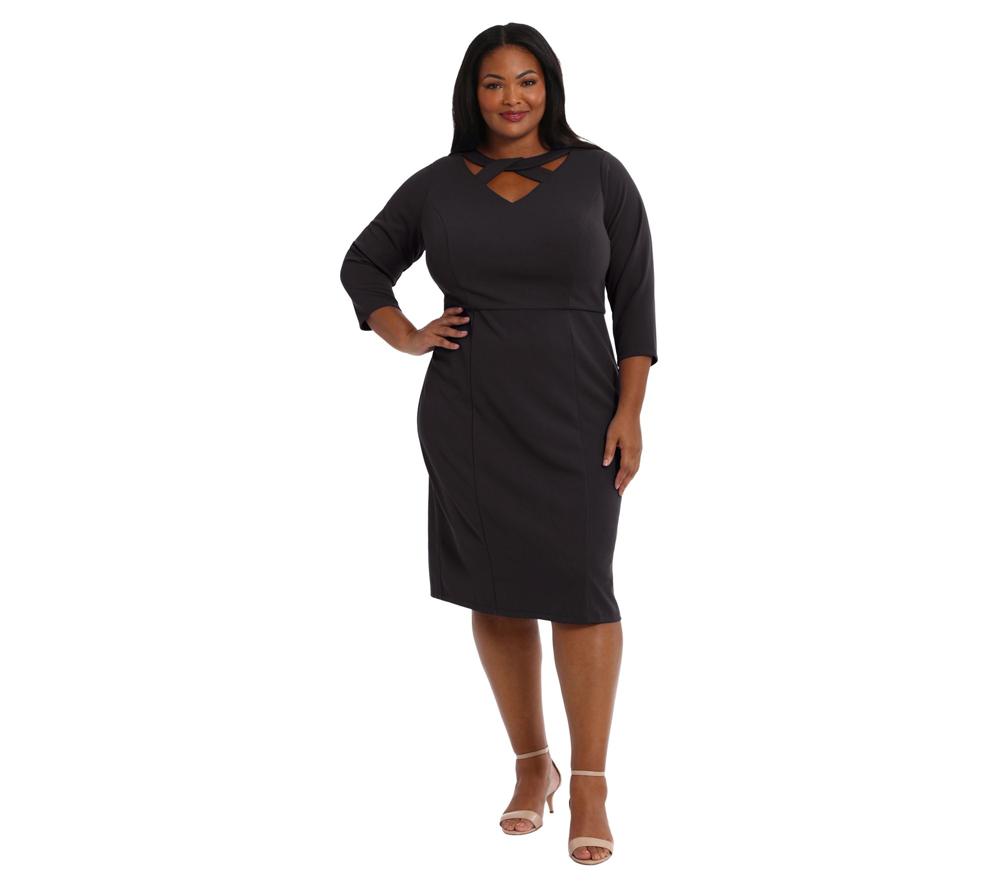 London Times 3/4 Sleeve Midi Dress with Cut-OutDetail-Plus - QVC.com