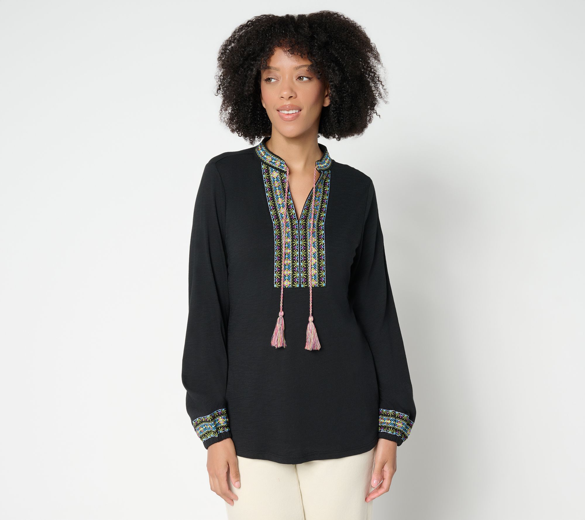Belle by_Kim Gravel Knit Balloon Sleeve Embroidered Tassel Top
