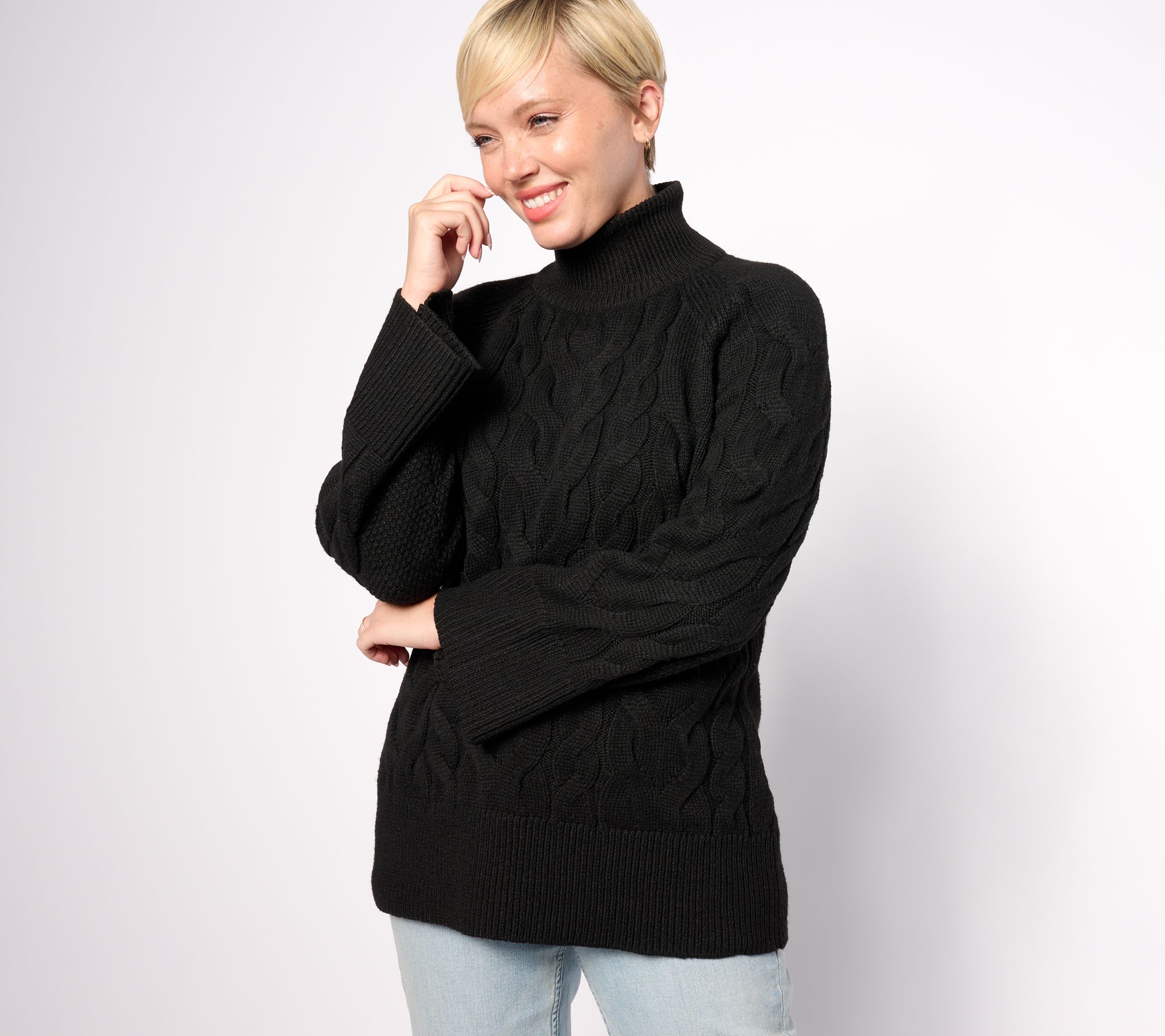 "As Is" Belle by Kim Gravel Bracelet Sleeve Mock Neck Cable Sweater
