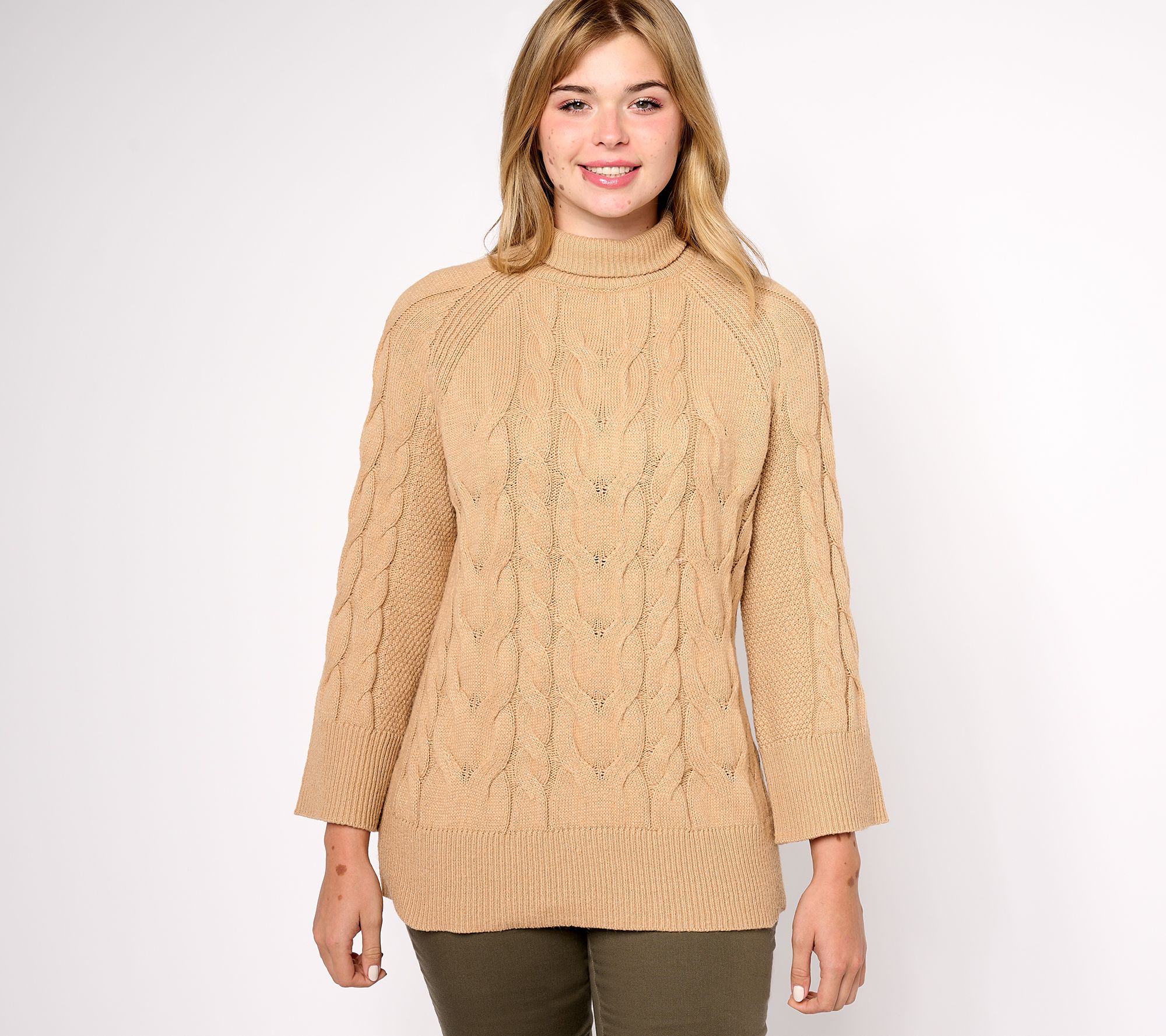 "As Is" Belle by Kim Gravel Bracelet Sleeve Mock Neck Cable Sweater