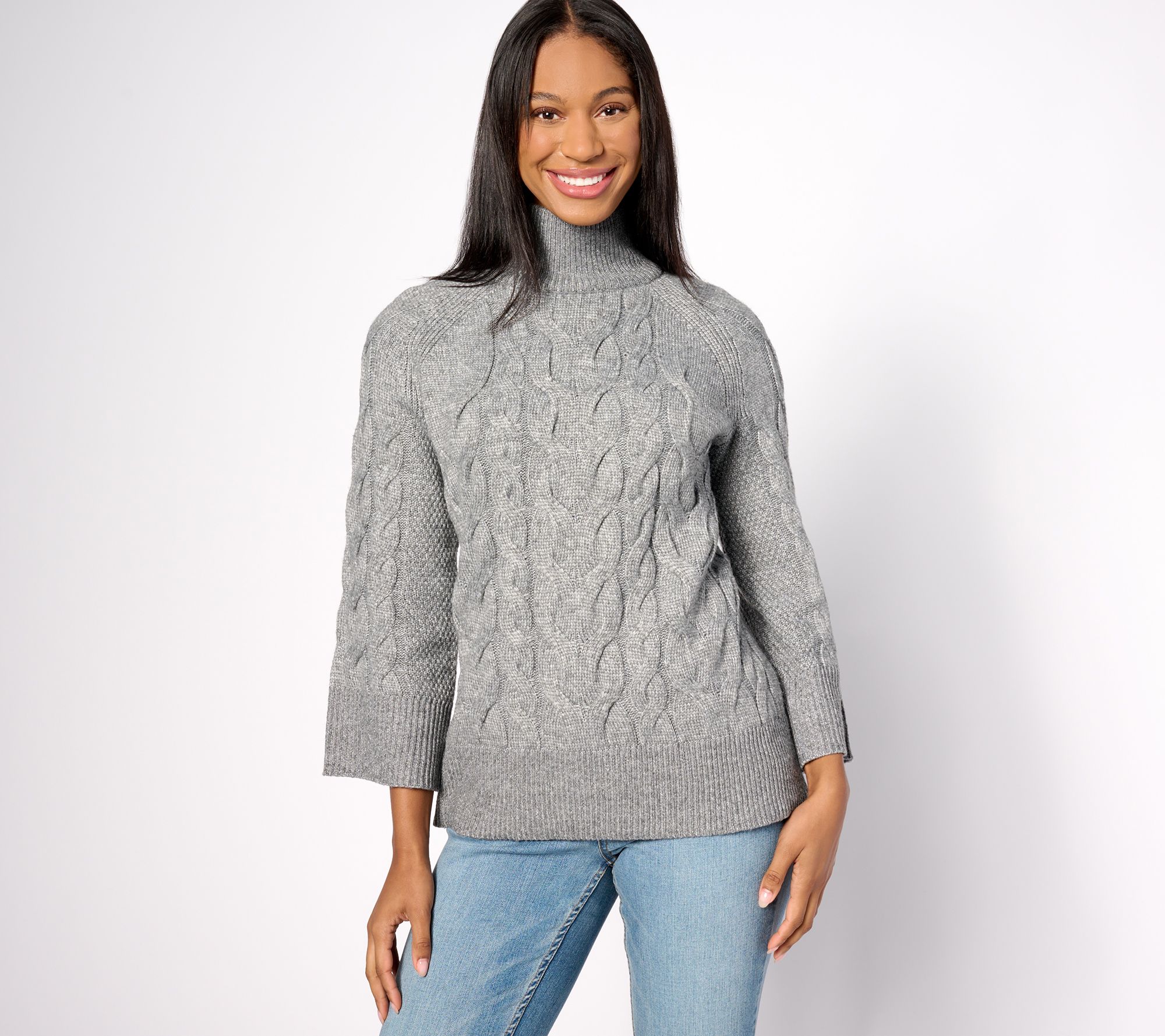 "As Is" Belle by Kim Gravel Bracelet Sleeve Mock Neck Cable Sweater