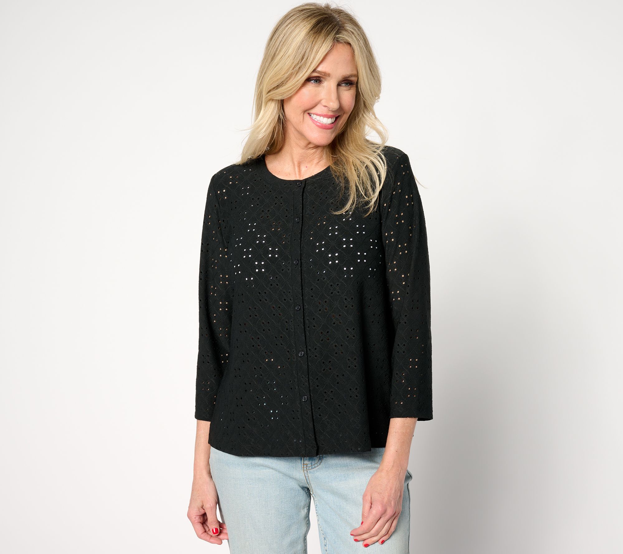 LOGO Layers by Lori Goldstein Stretch Eyelet Cardigan