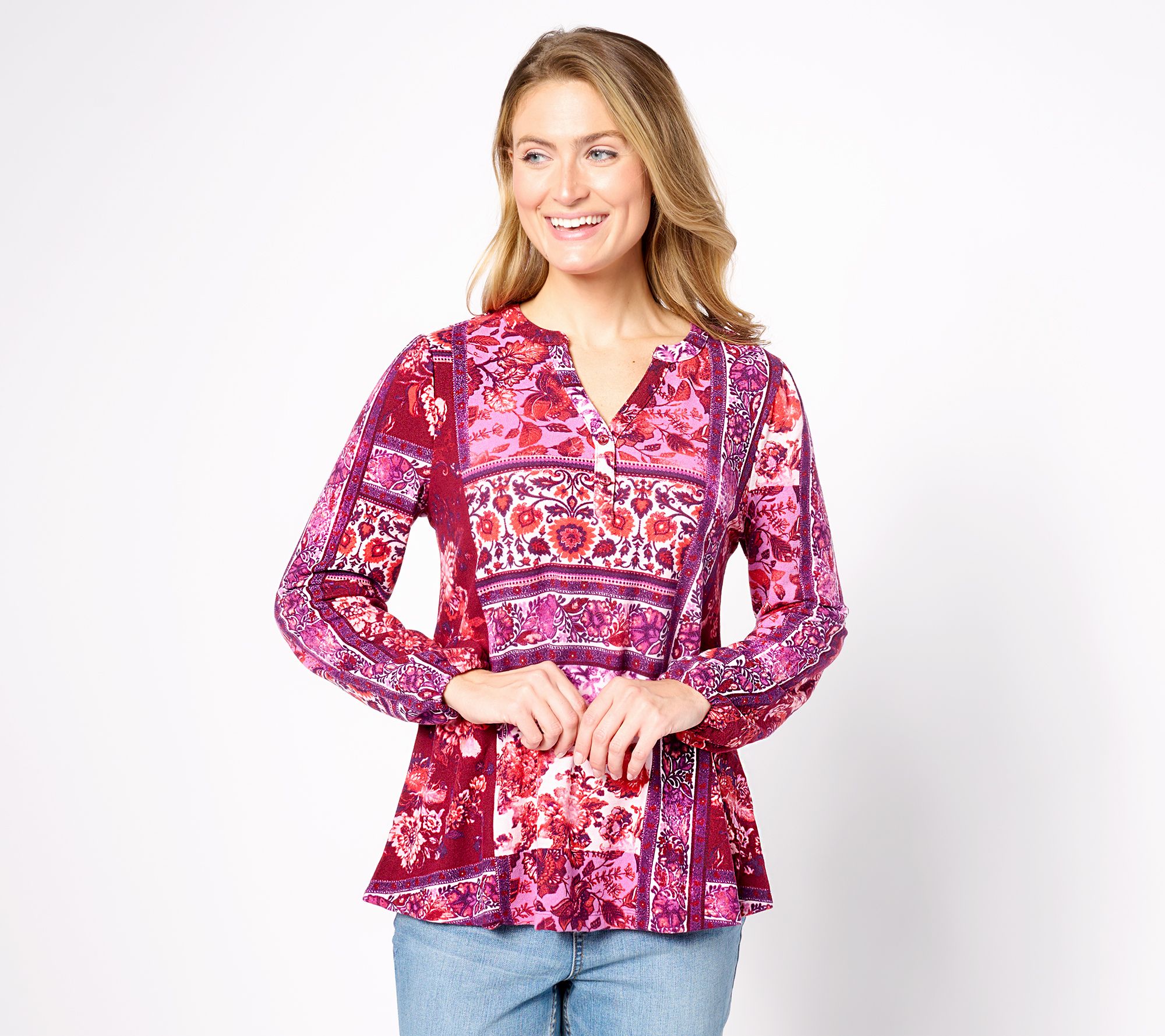 "As Is" Denim & Co. Patchwork Print Heavenly Jersey Henley Knit Top