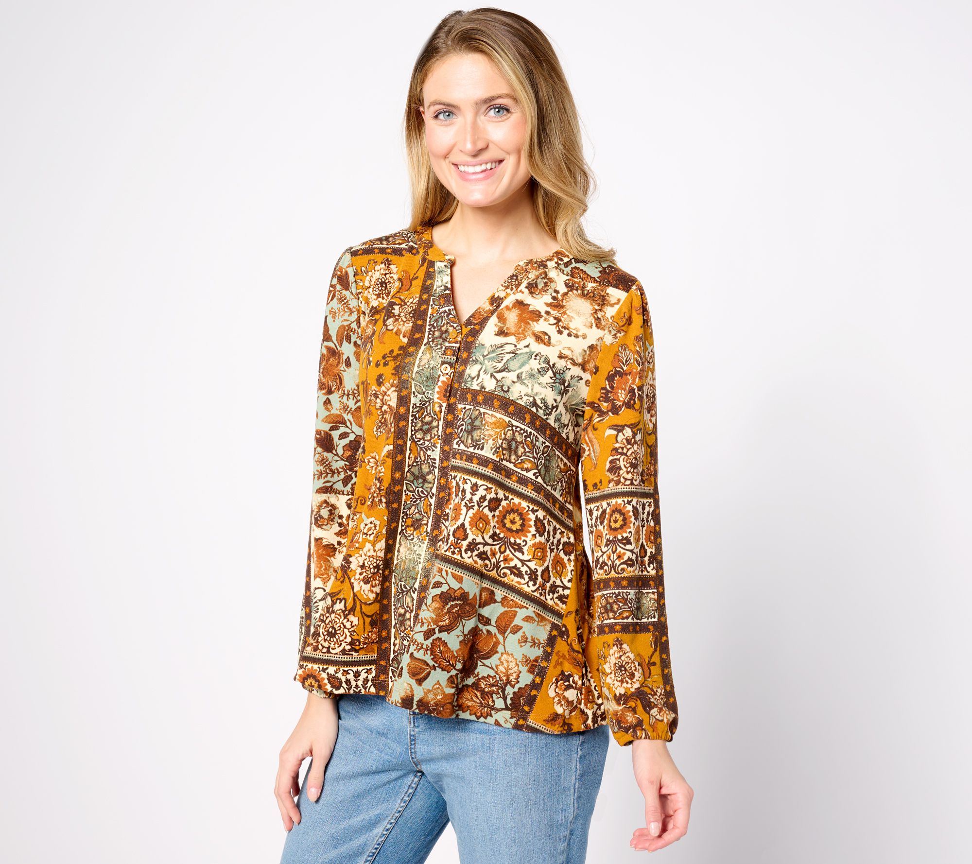 "As Is" Denim & Co. Patchwork Print Heavenly Jersey Henley Knit Top