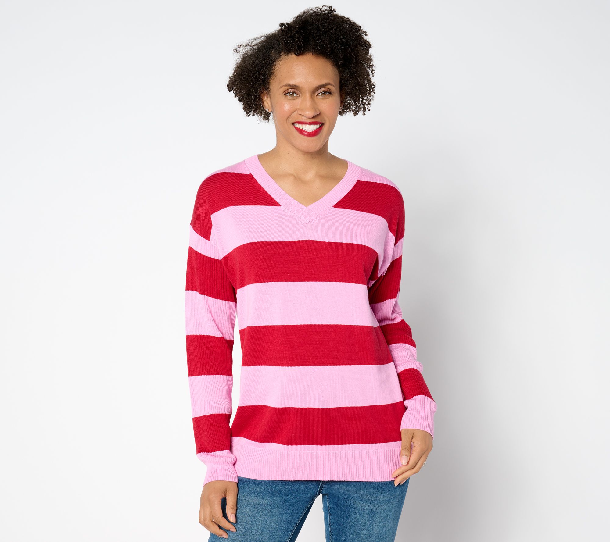 Belle by Kim Gravel Varsity Vibes V Neck Rugby Stripe Slouchy Sweater