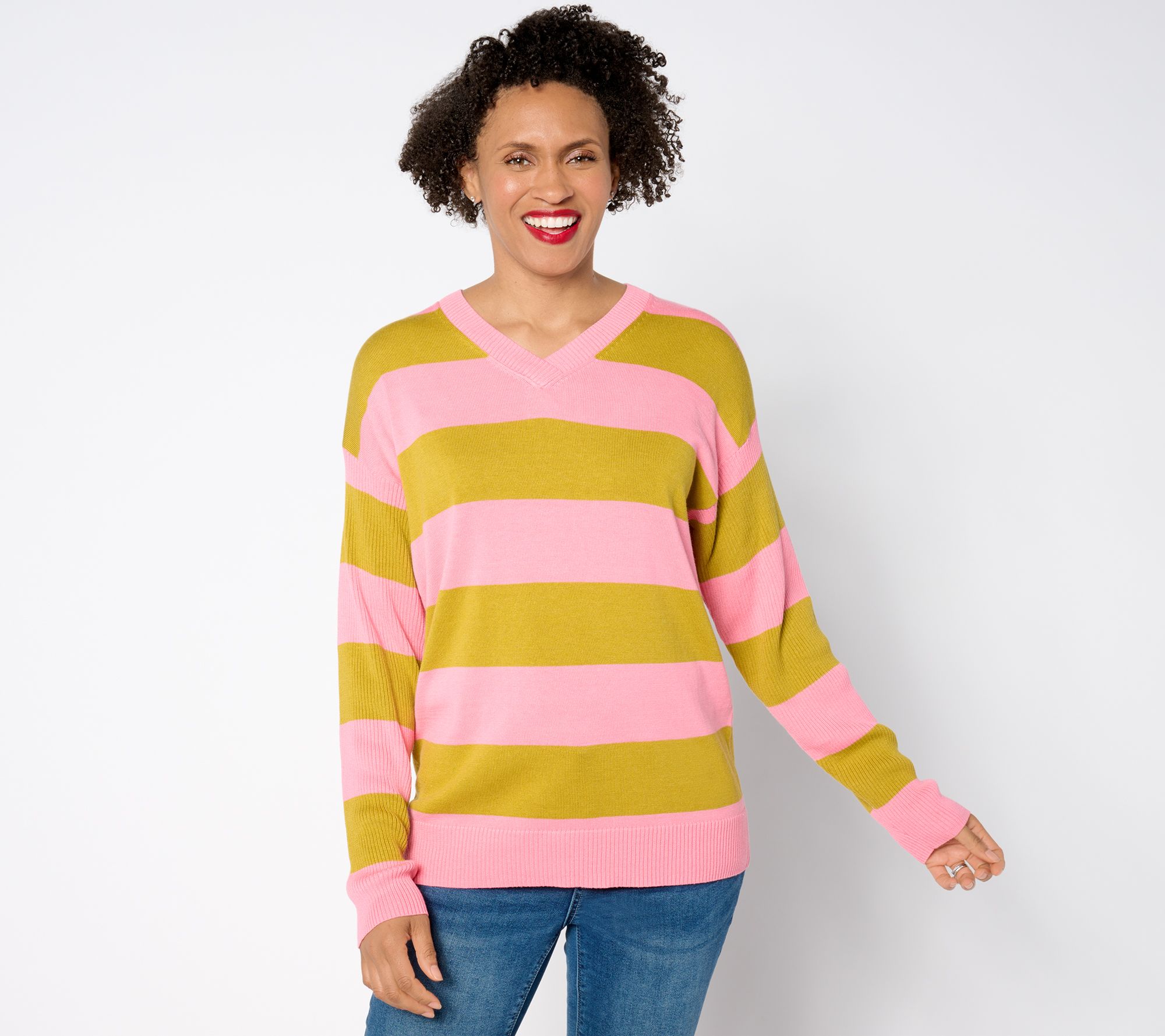 Belle by Kim Gravel Varsity Vibes V Neck Rugby Stripe Slouchy Sweater
