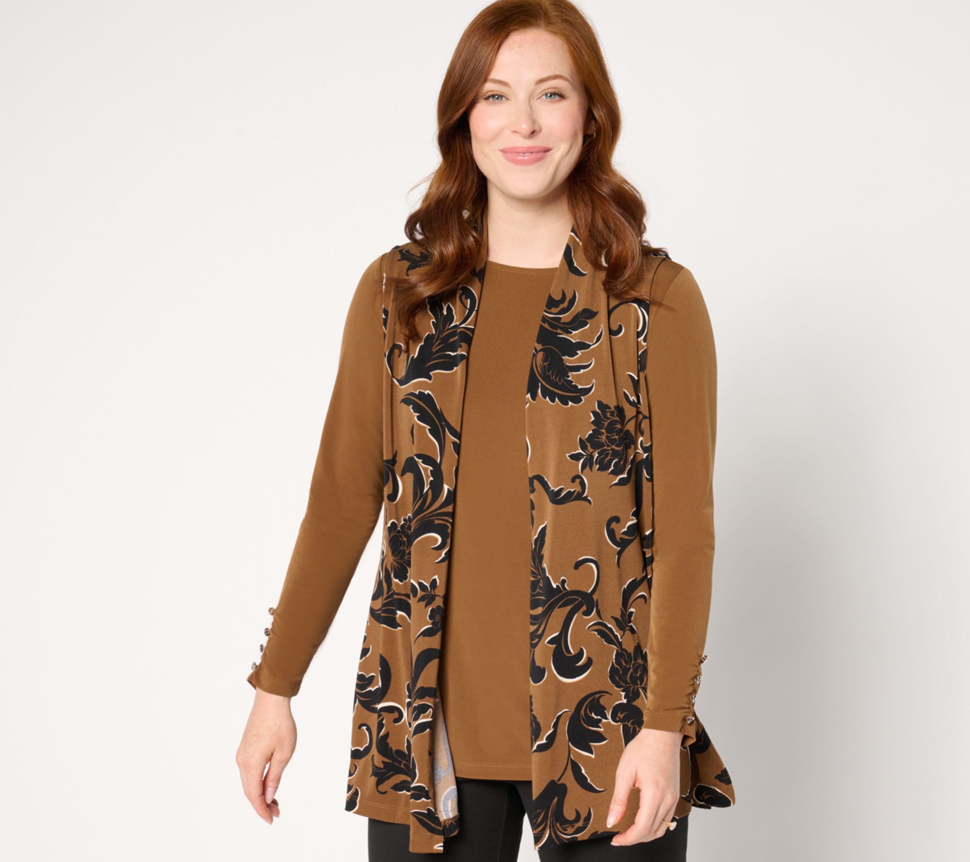 Susan Graver Regular Printed Textured Liquid Knit Vest w/ Solid Top Set