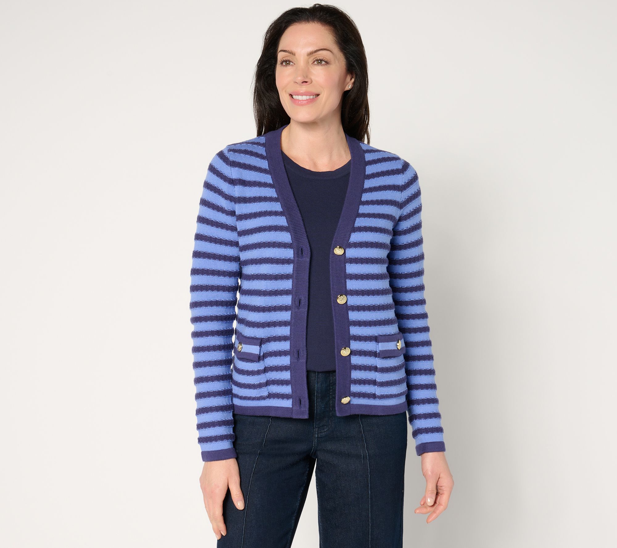 Isaac Mizrahi Live! Striped Button-Front Sweater Cardigan