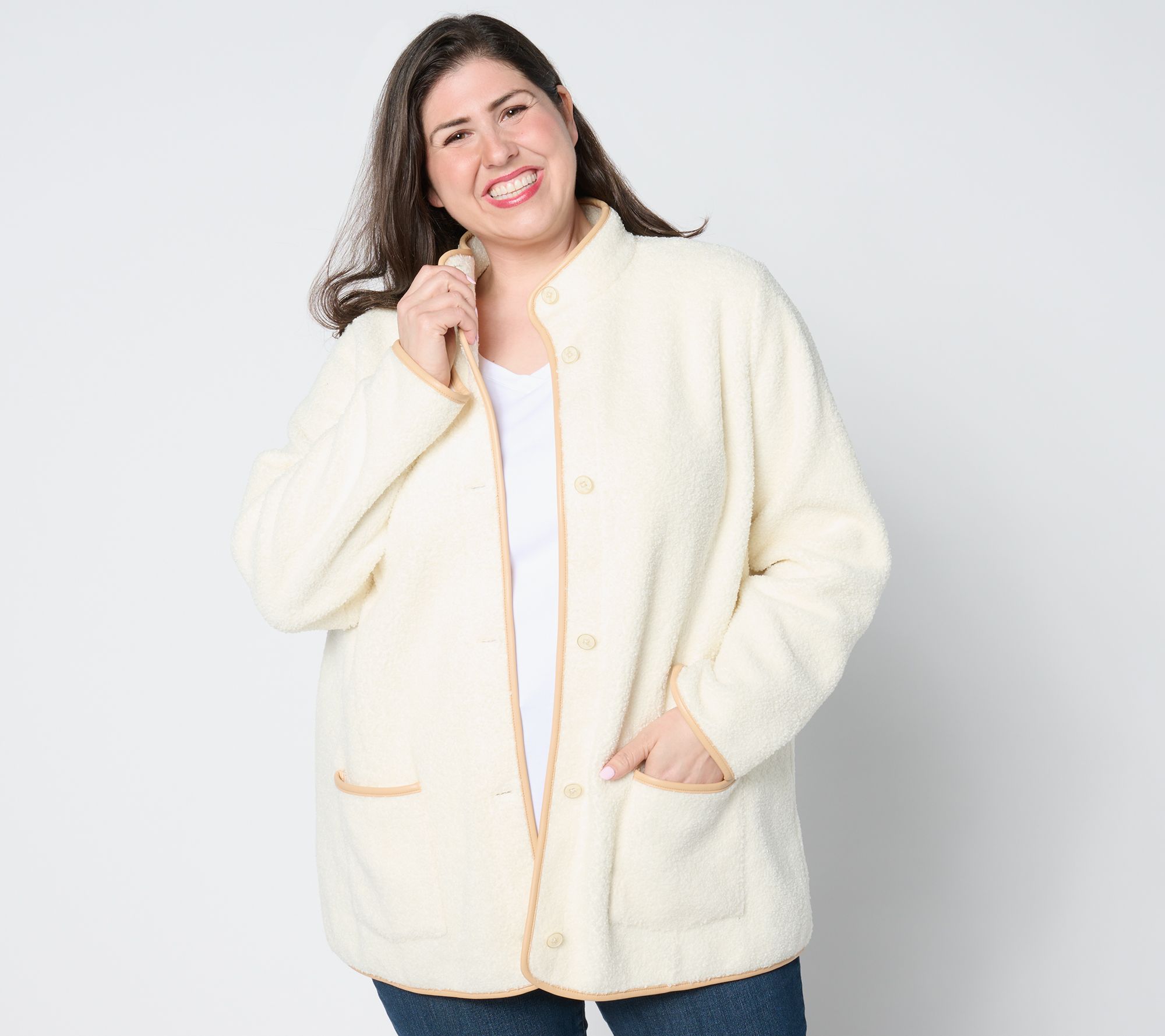 "As Is" Susan Graver Bonded Fleece Button Front Jacket w/ Faux Leather