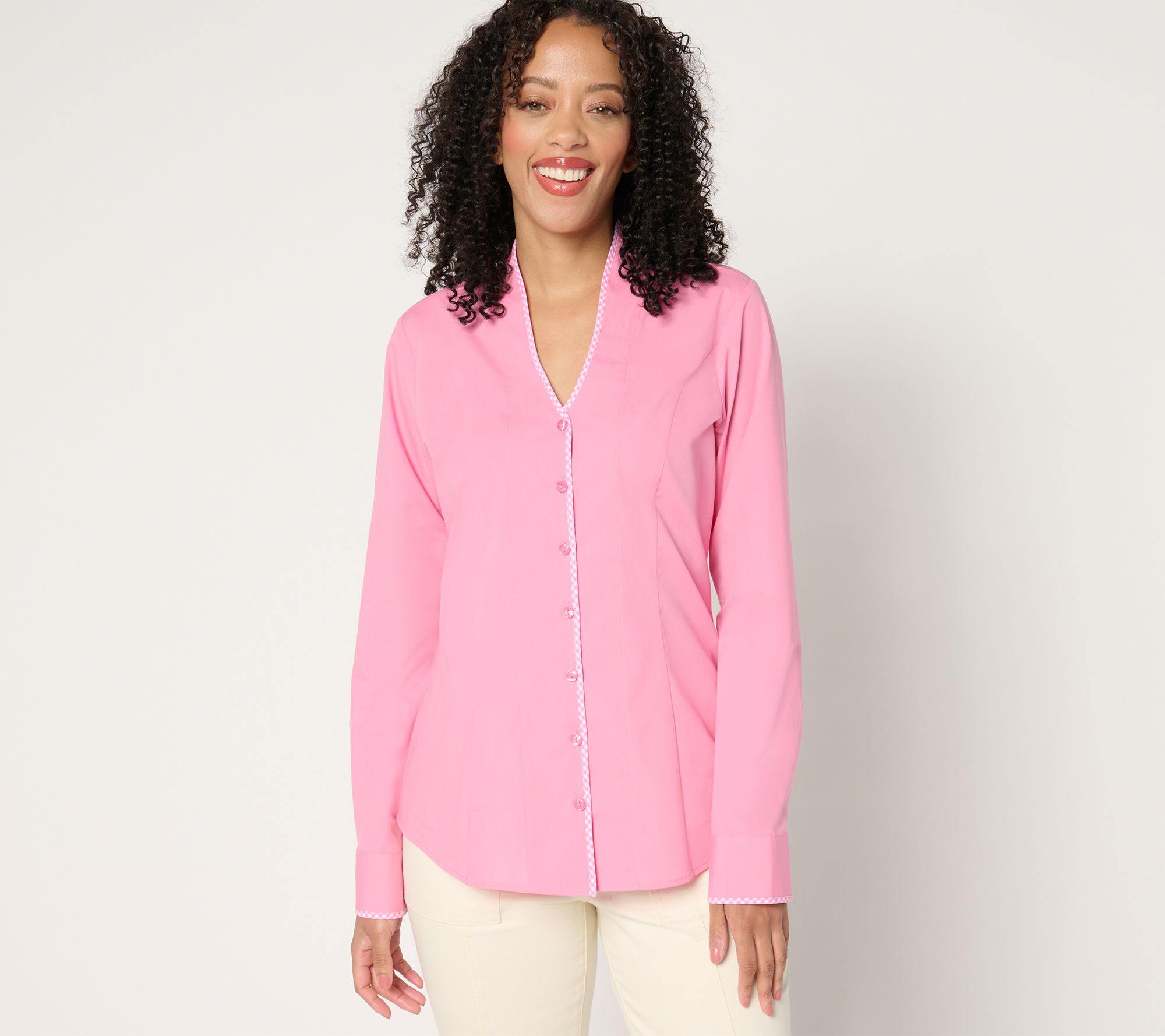 Isaac Mizrahi Live! Stretch Poplin Shirt with Gingham Detail