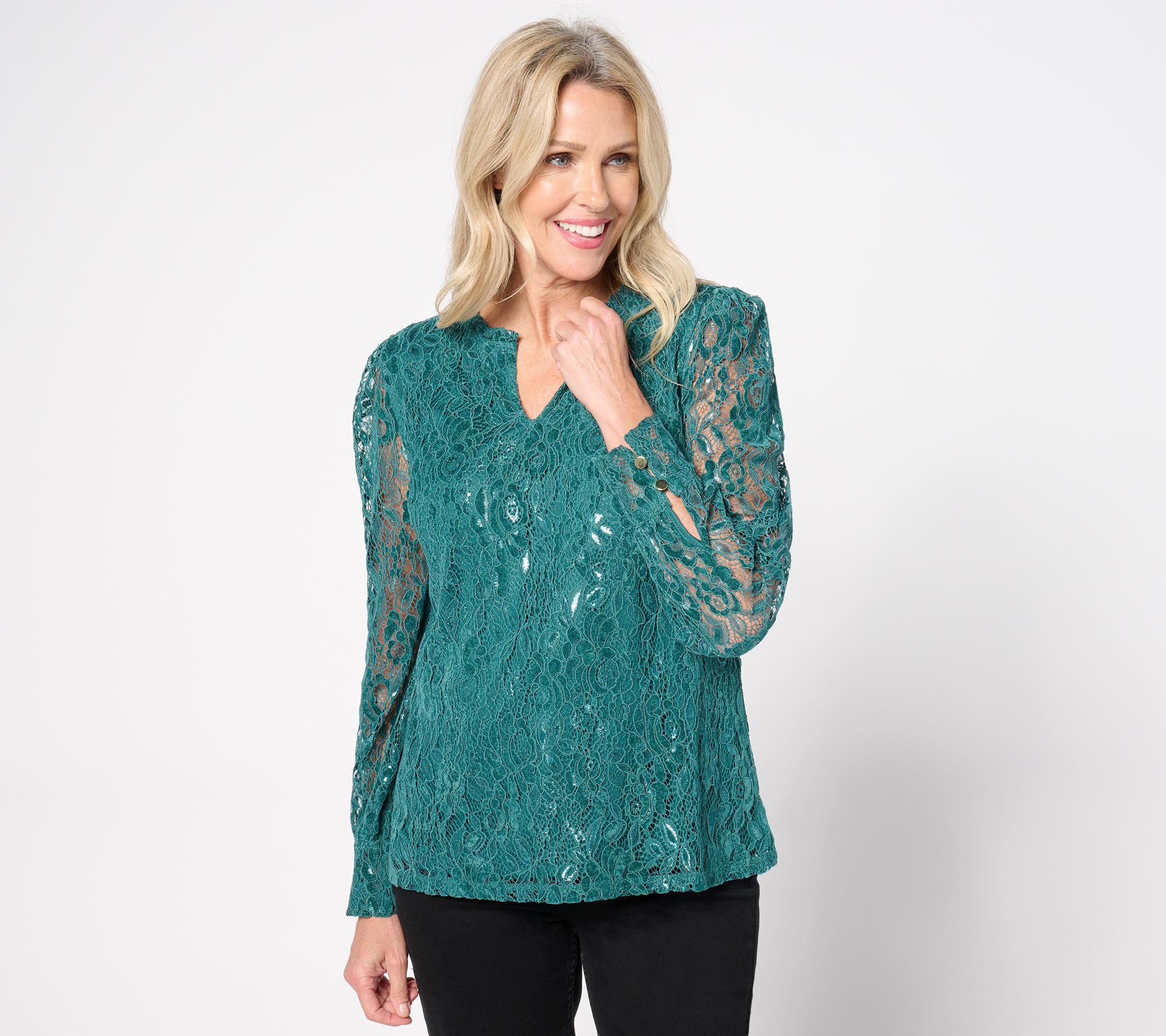 "As Is" Isaac Mizrahi Live! Split Neck Metallic Lace Long Sleeve Top
