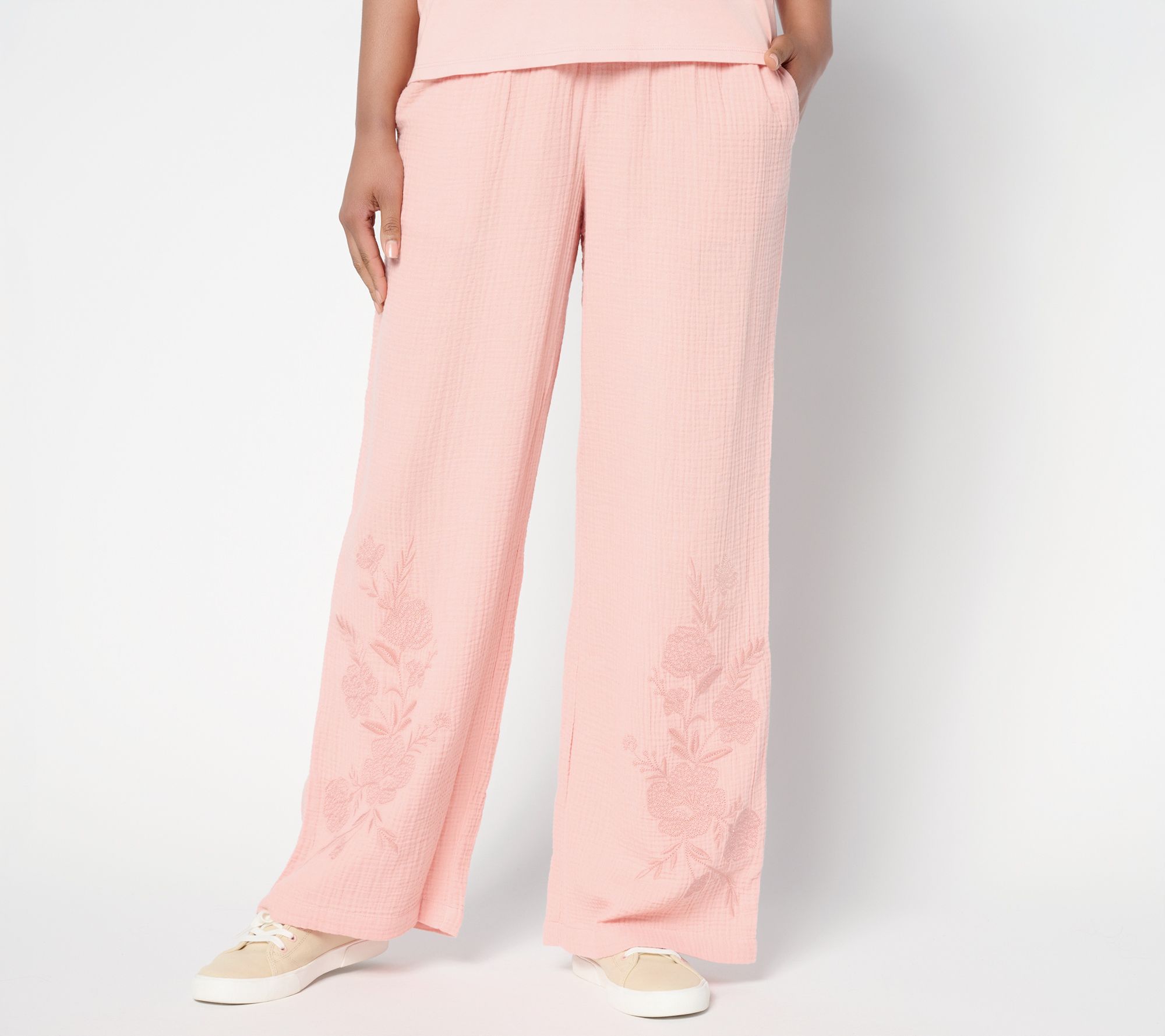 Peace Love World Boheme Petite Cotton Gauze Pants with Embroidery