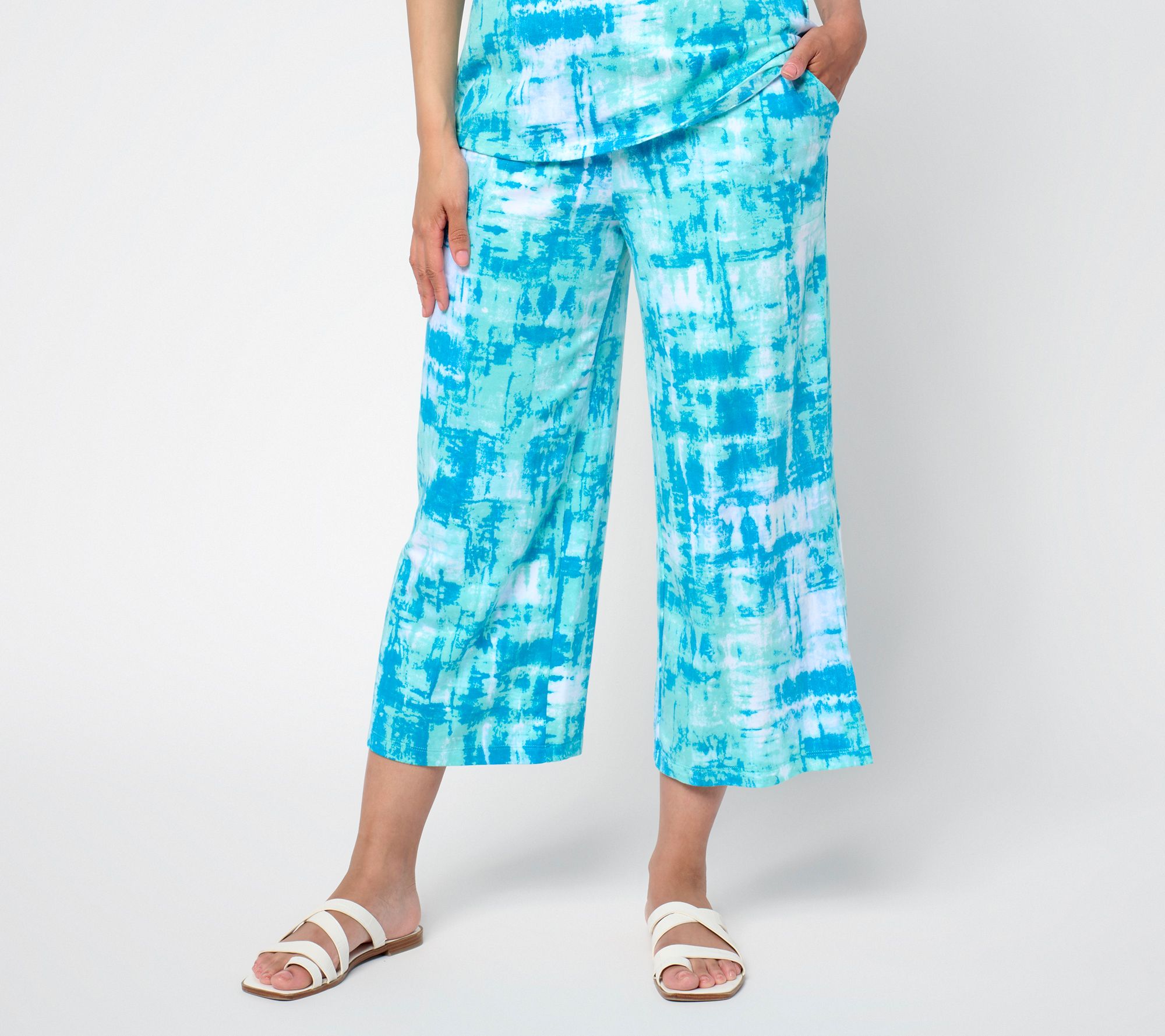 Denim & Co. Beach Jersey Regular Printed or Solid Wide Leg Crop Pants