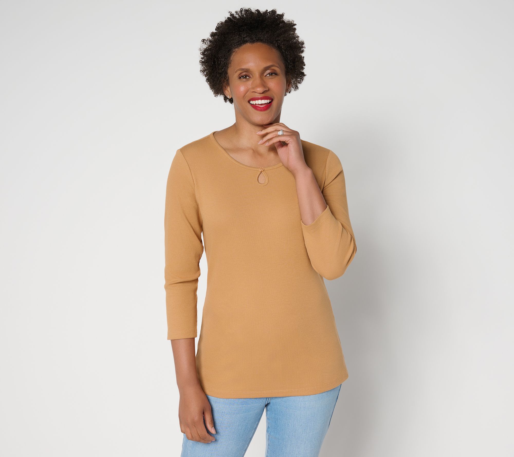 Denim & Co. Essentials Modal Rib 3/4 Sleeve Keyhole Top