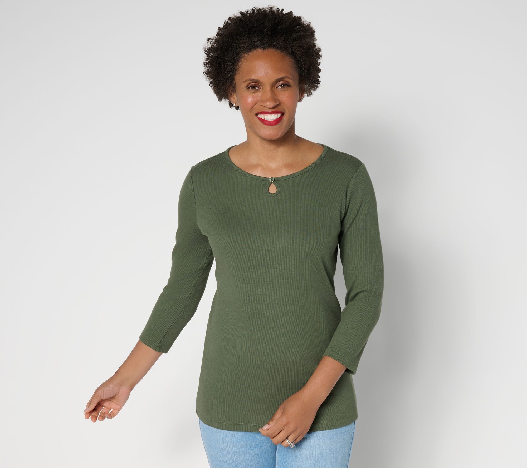 Denim & Co. Essentials Modal Rib 3/4 Sleeve Keyhole Top