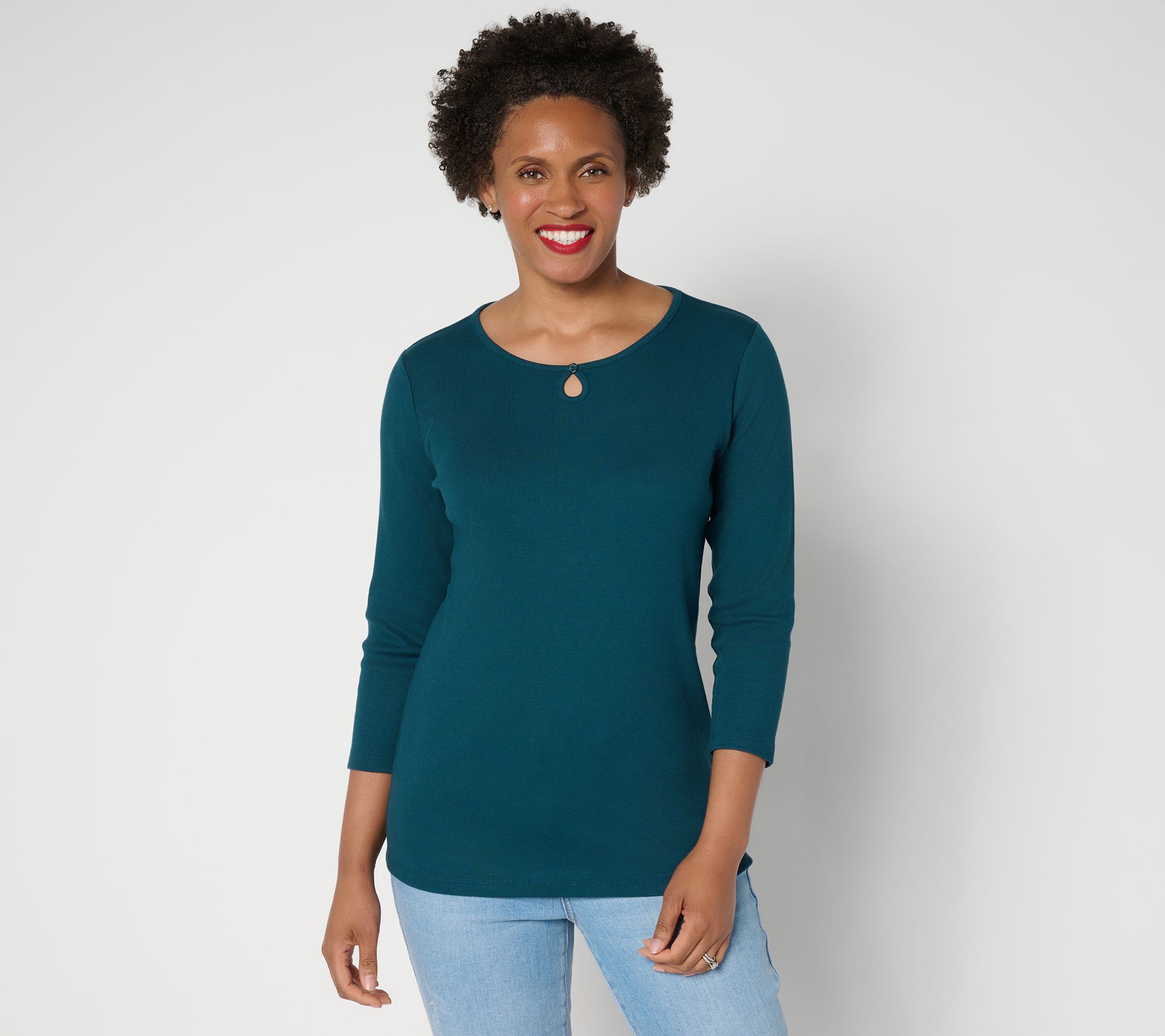 Denim & Co. Essentials Modal Rib 3/4 Sleeve Keyhole Top