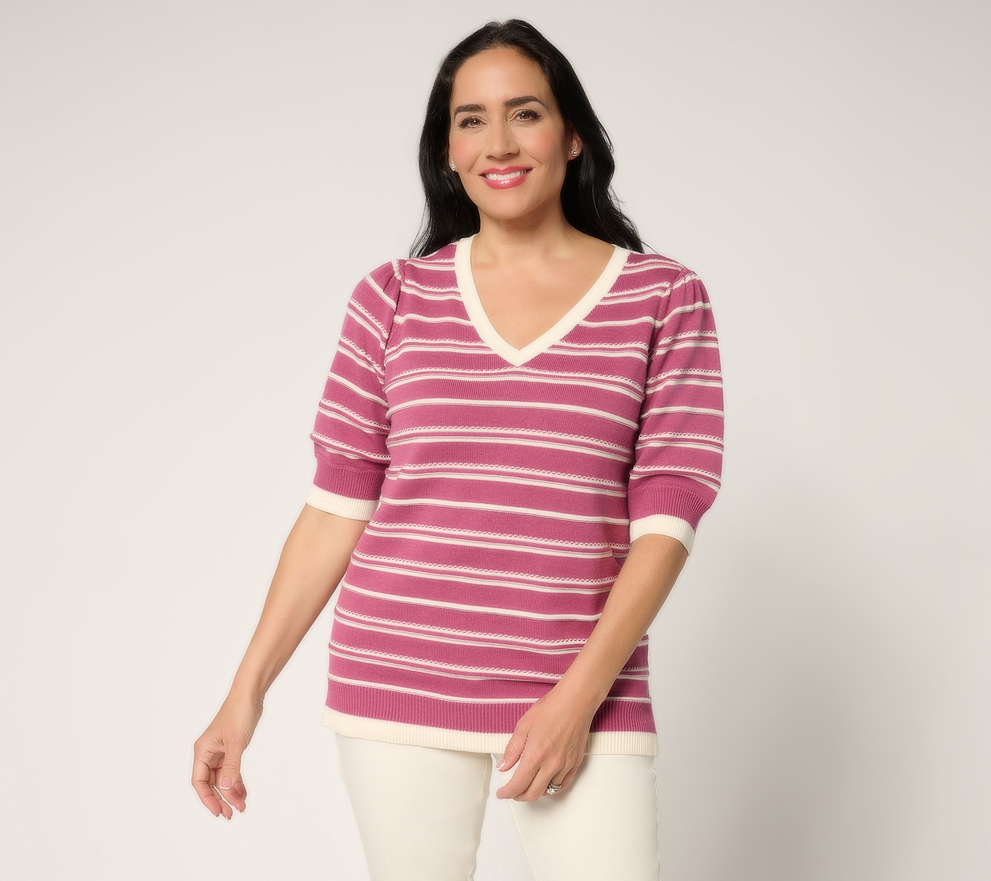Belle by Kim Gravel Variegated Stripe Puff Sleeve Sweater