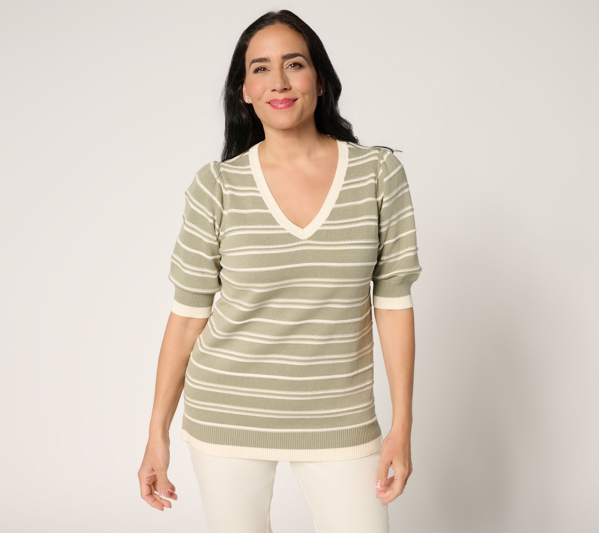 Belle by Kim Gravel Variegated Stripe Puff Sleeve Sweater