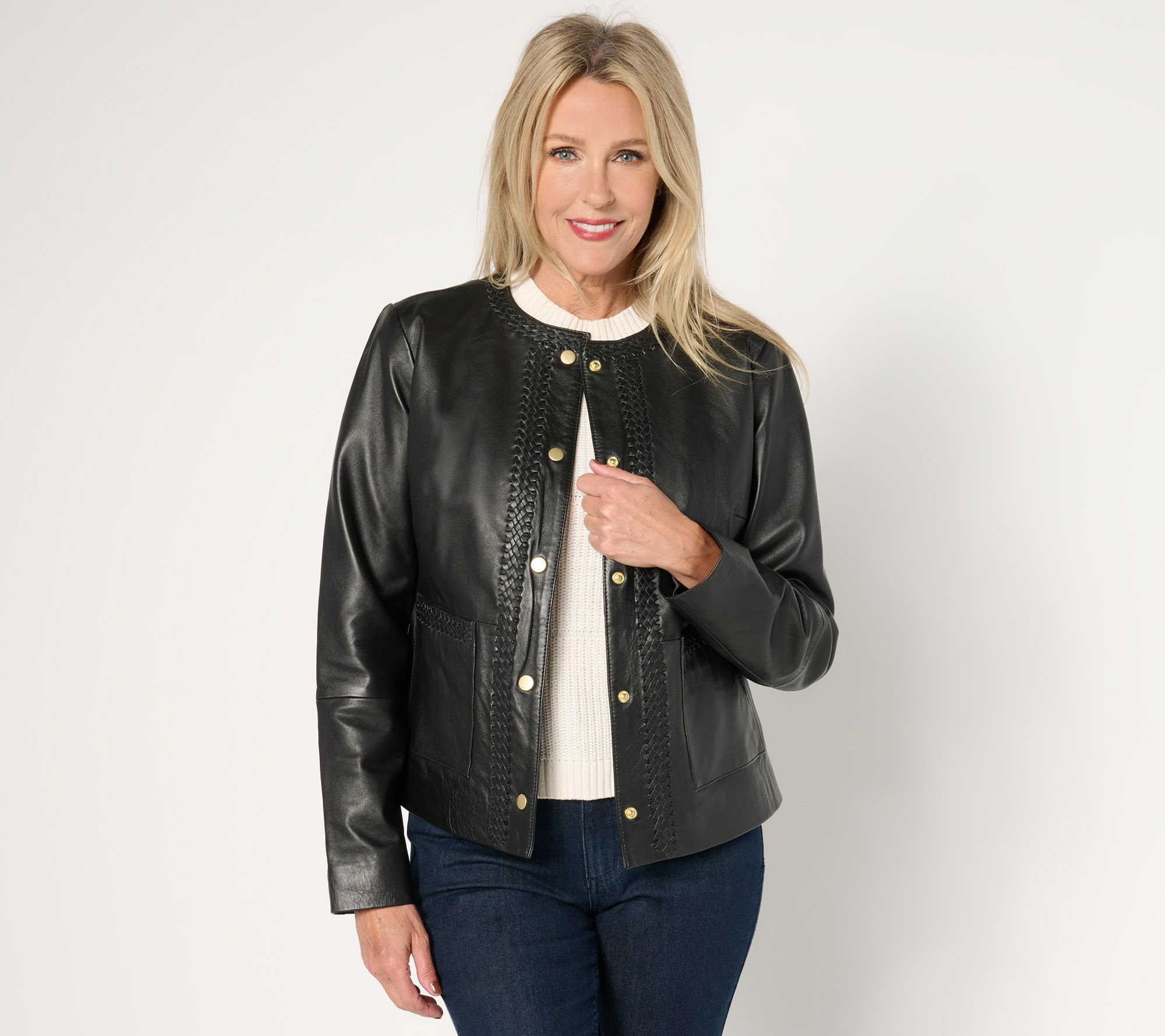 "As Is" Susan Graver Timeless Genuine Leather Jacket with Braided Trim