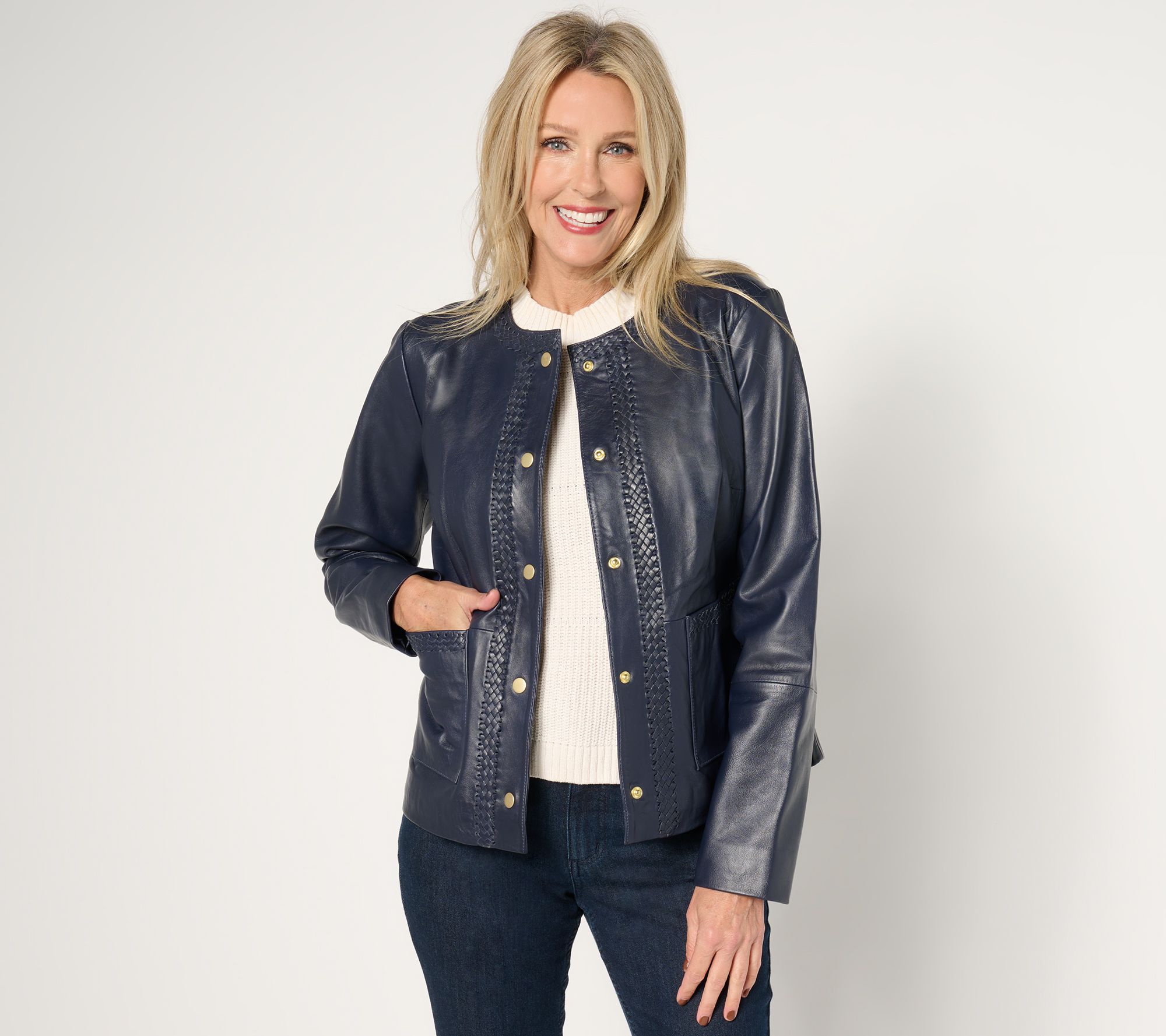 "As Is" Susan Graver Timeless Genuine Leather Jacket with Braided Trim