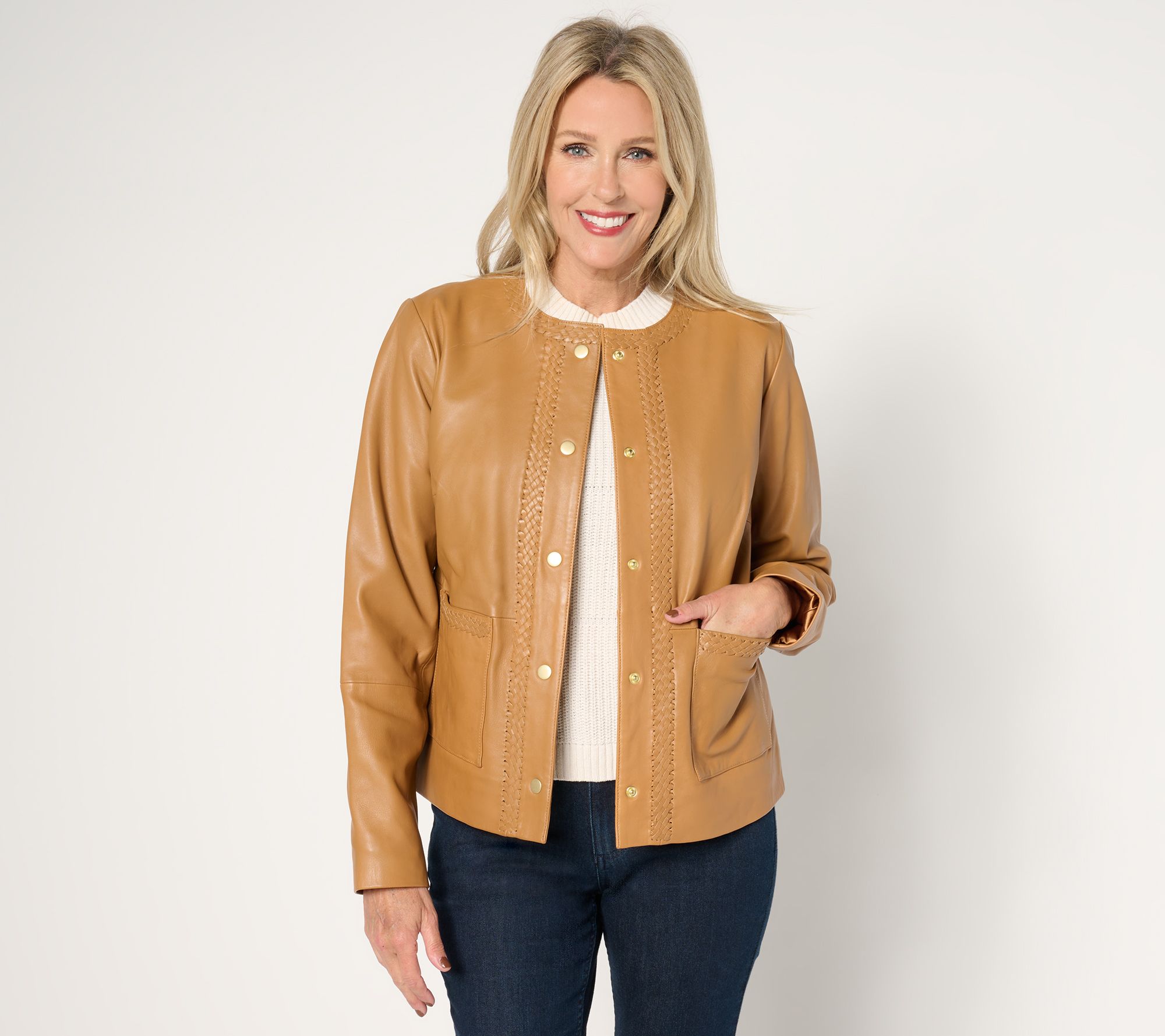 "As Is" Susan Graver Timeless Genuine Leather Jacket with Braided Trim