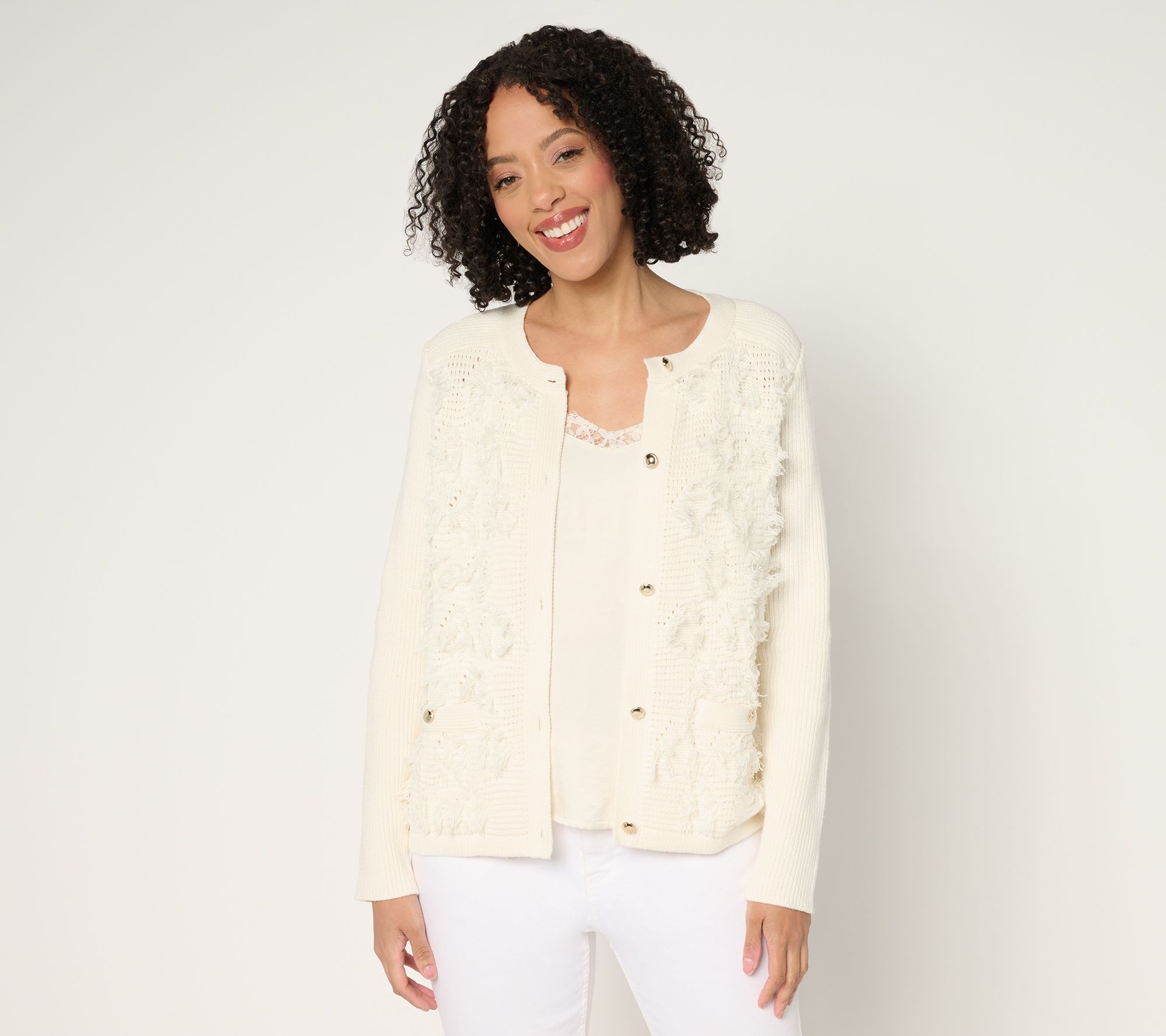 "As Is" Susan Graver Textured Fringe Knit Button Front Cardigan