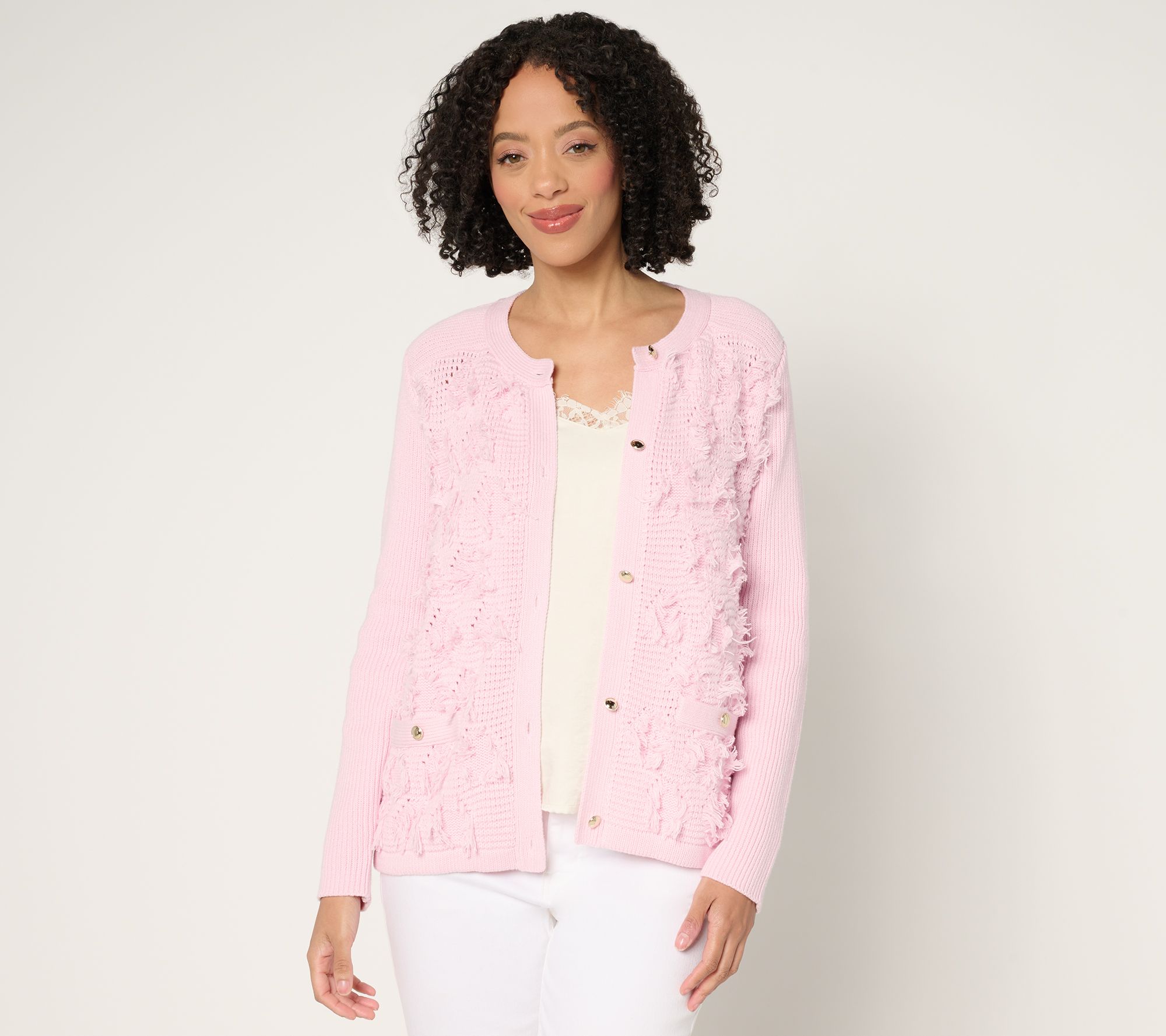 "As Is" Susan Graver Textured Fringe Knit Button Front Cardigan