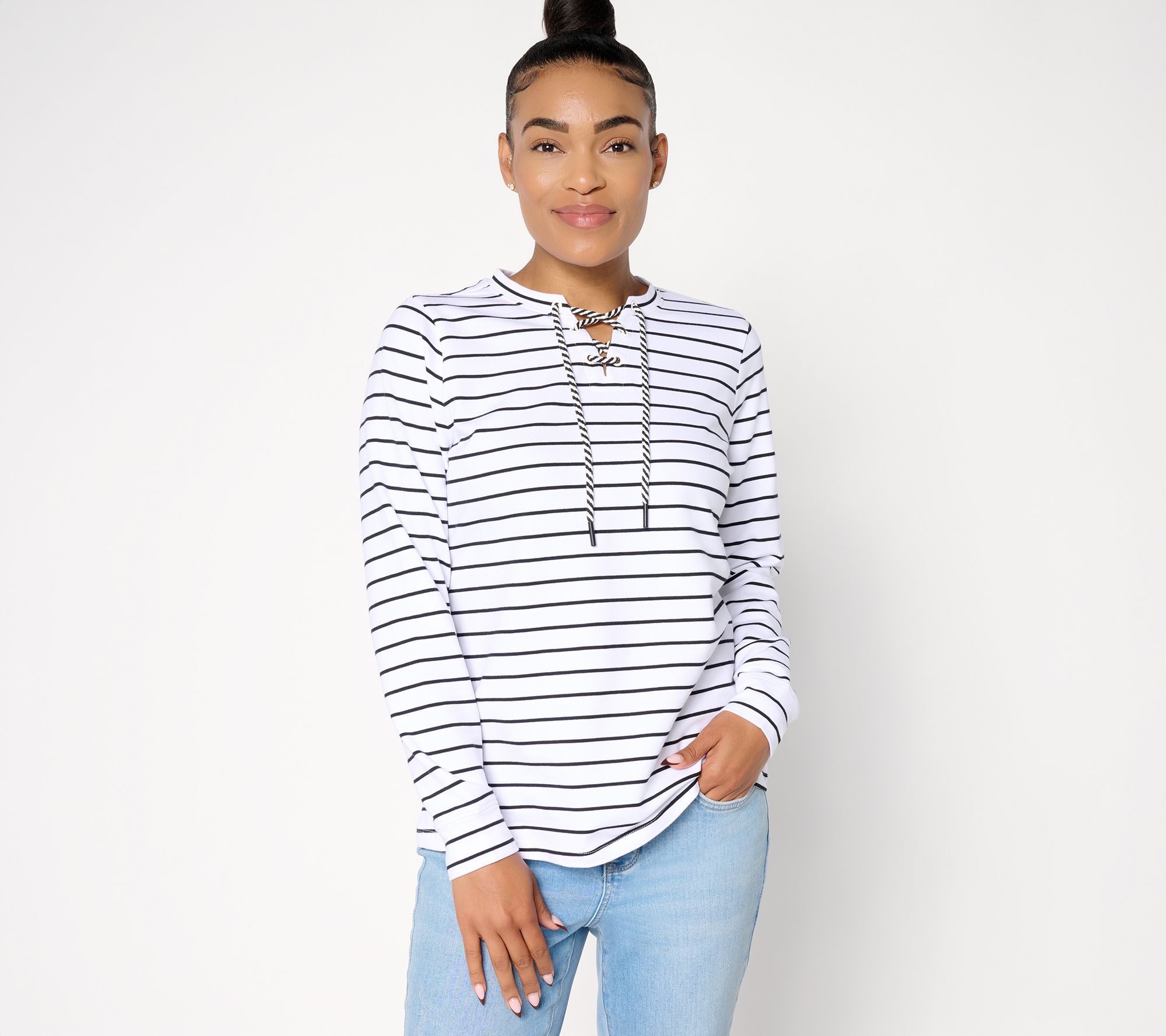 Denim & Co. French Terry Lace Up Long Sleeve Pullover