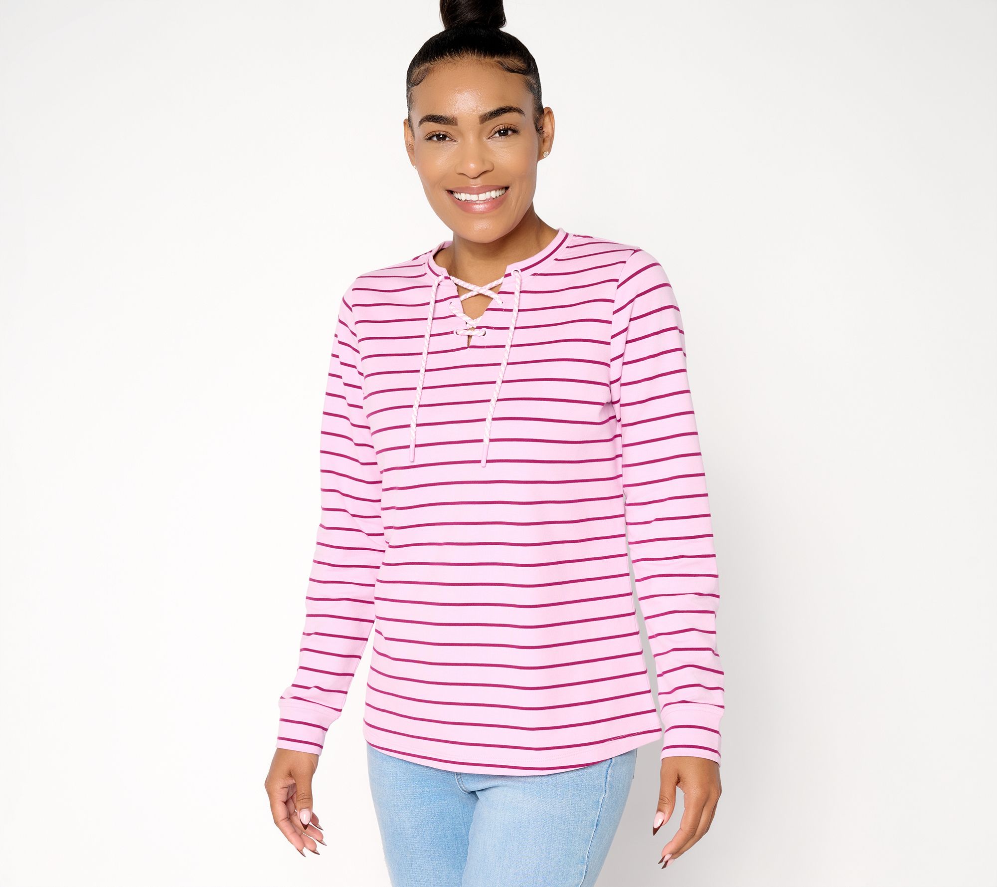 Denim & Co. French Terry Lace Up Long Sleeve Pullover