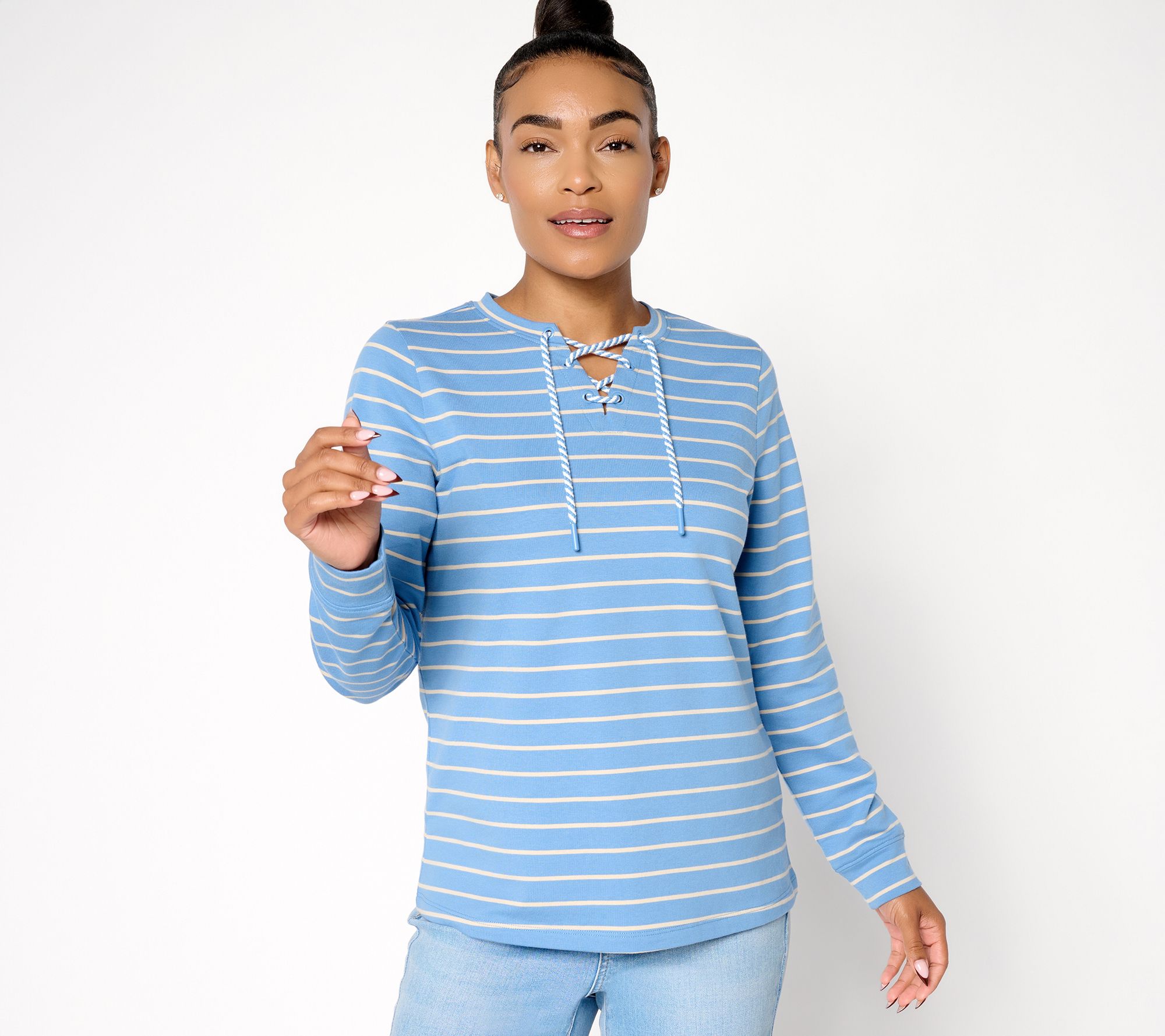 Denim & Co. French Terry Lace Up Long Sleeve Pullover
