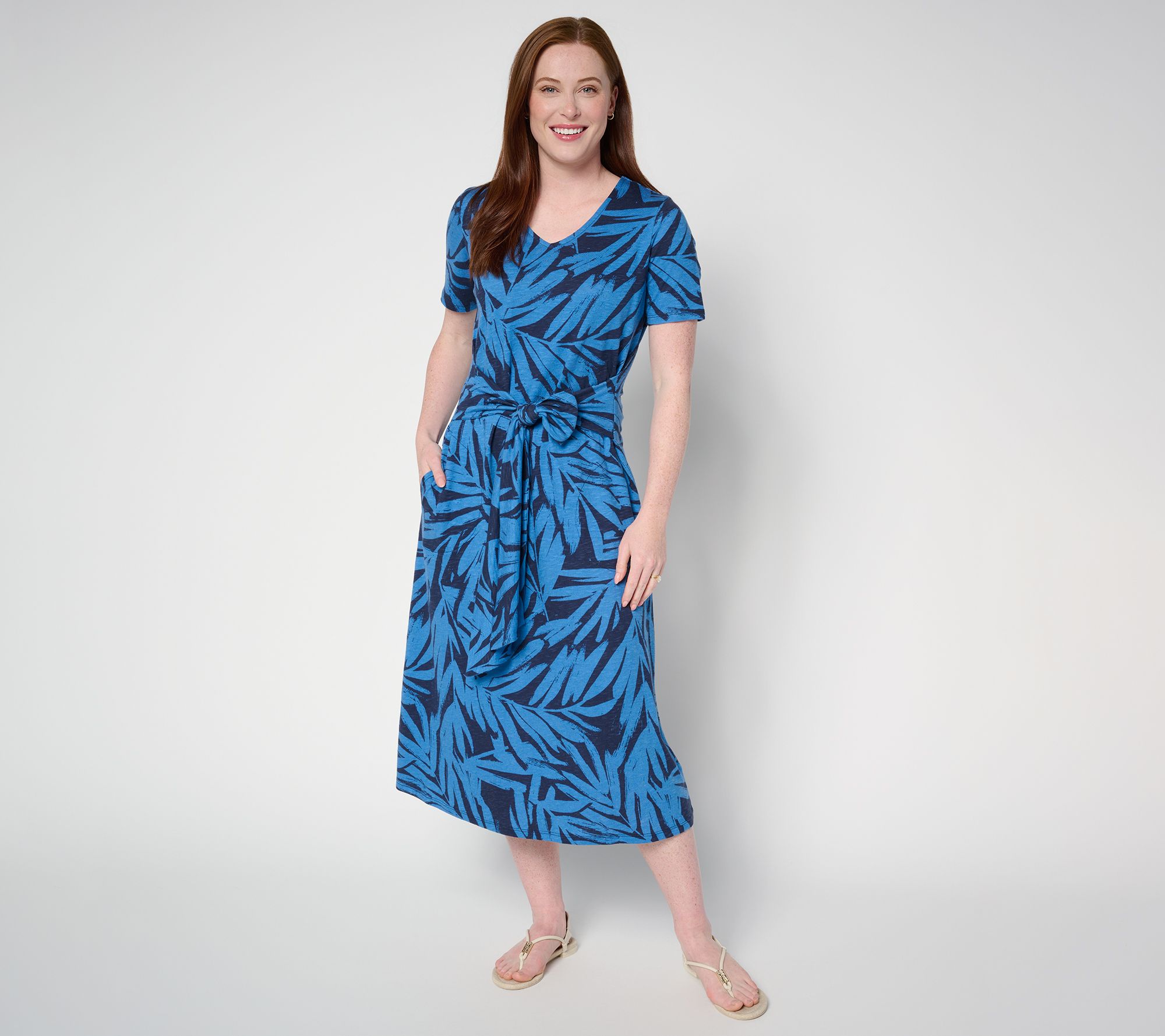"As Is" Denim & Co. Tall Tie Waist Midi Dress with Pockets