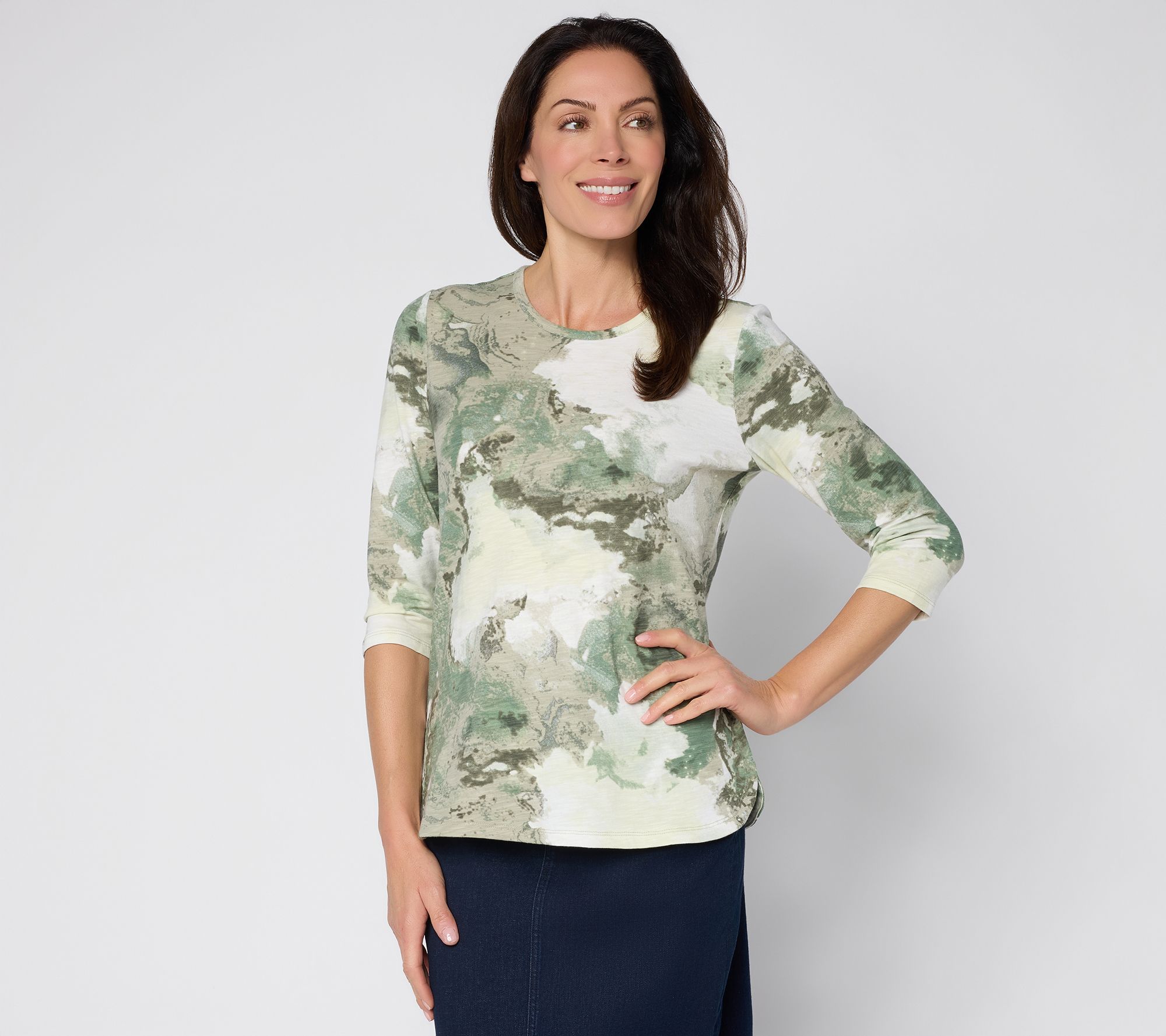 Denim & Co. Printed Texture Knit 3/4 Sleeve Rounded Hem Top