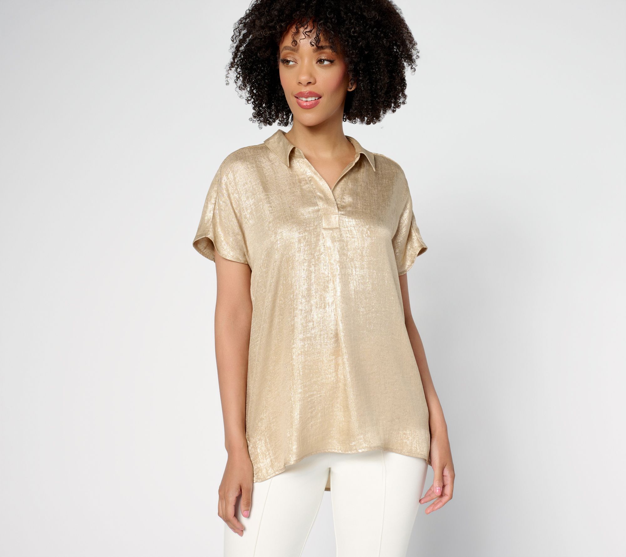 "As Is" Susan Graver Petite Foiled Woven Pullover Henley Top