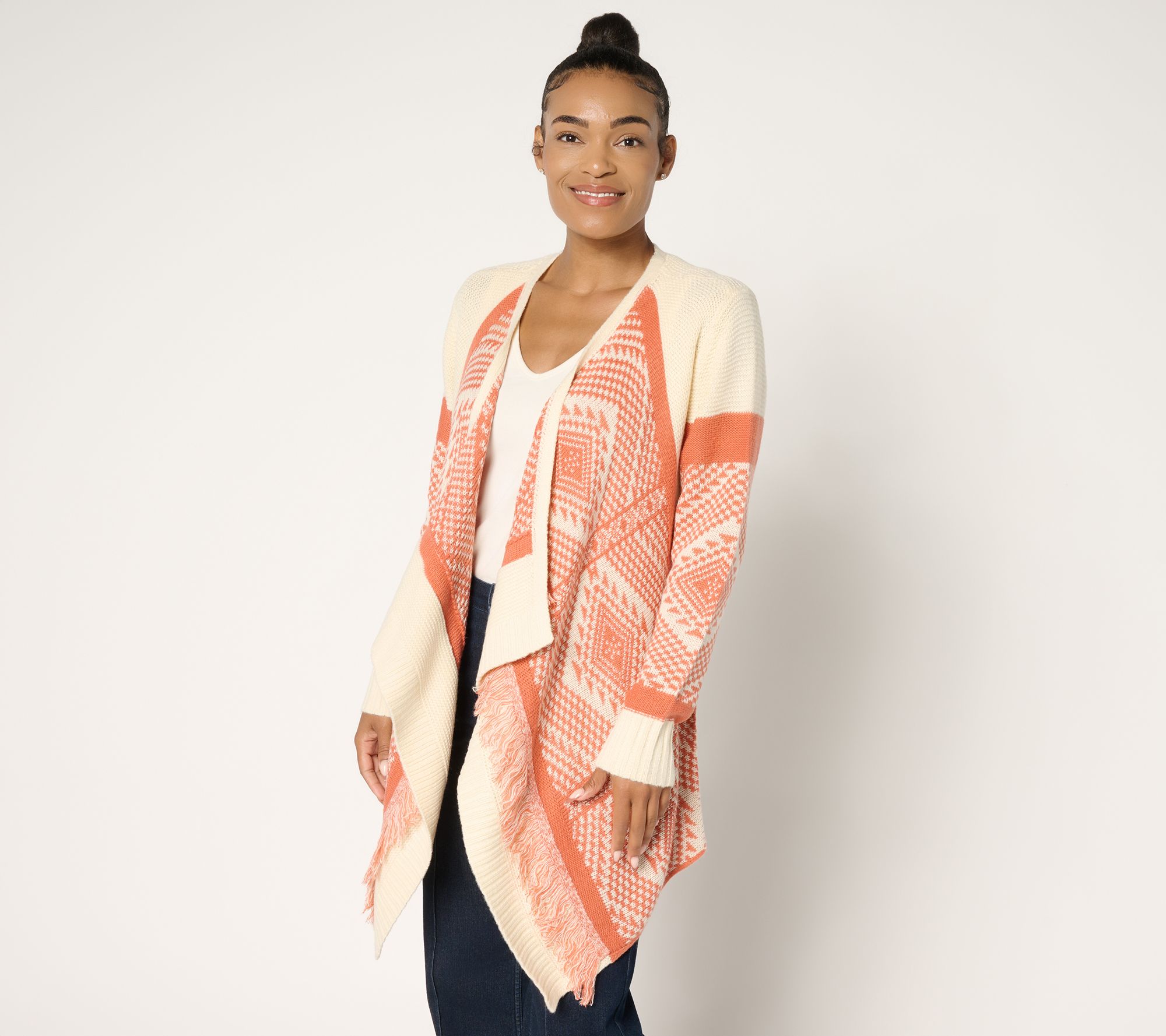 "As Is" Denim & Co. Canyon Retreat Drape Front Cardigan with Fringe