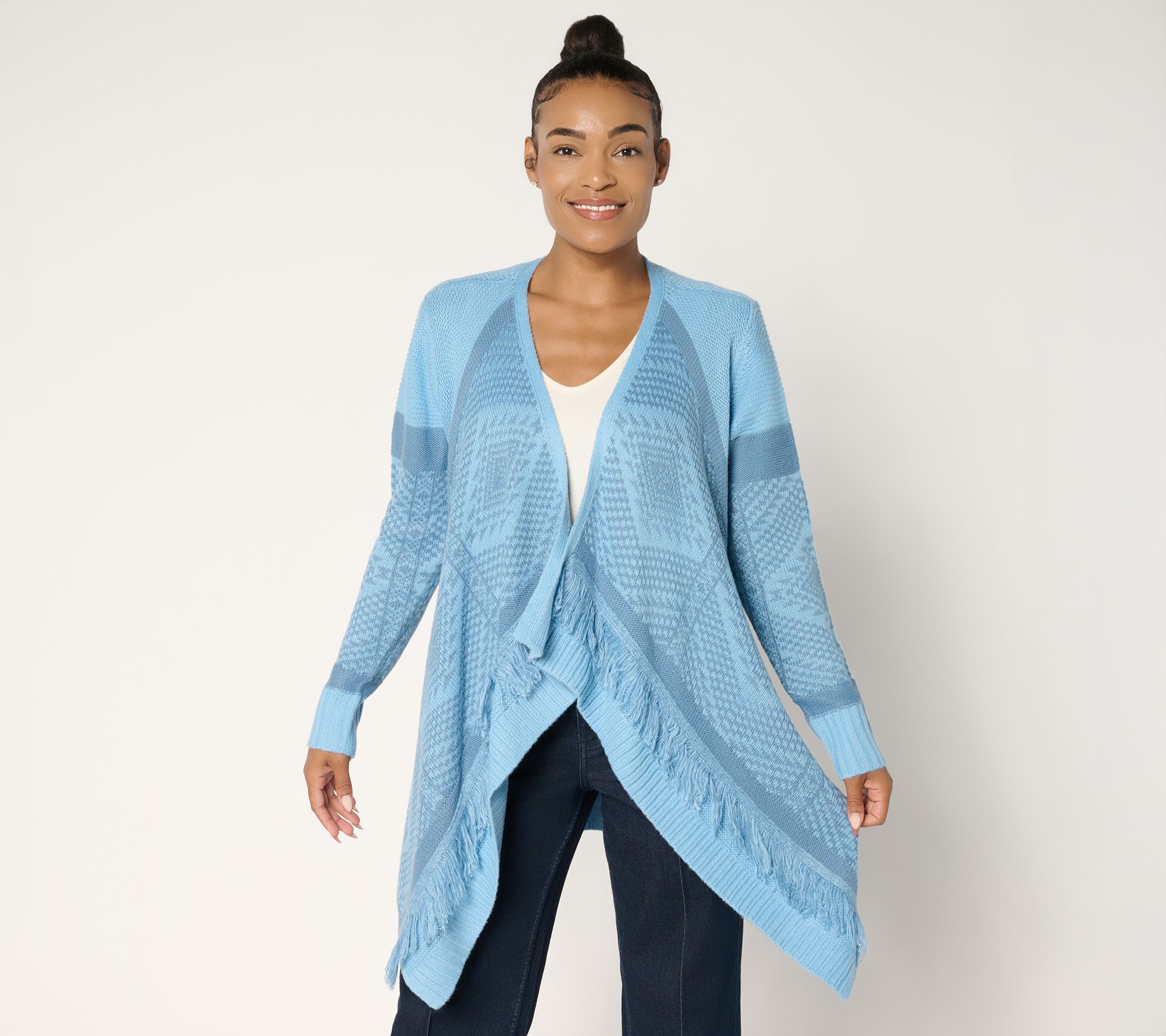 "As Is" Denim & Co. Canyon Retreat Drape Front Cardigan with Fringe