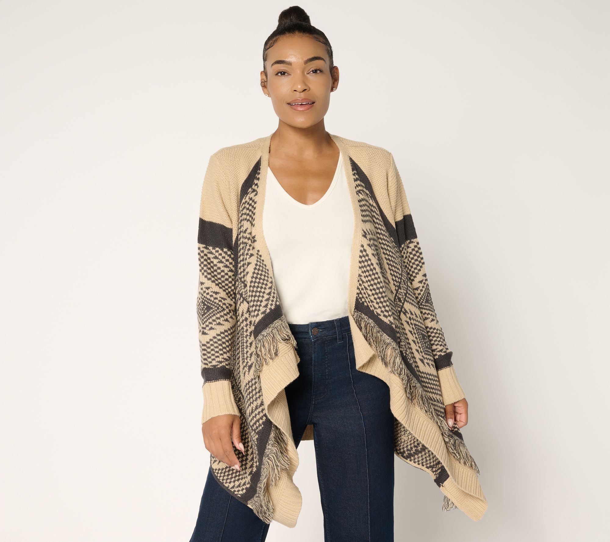 "As Is" Denim & Co. Canyon Retreat Drape Front Cardigan with Fringe