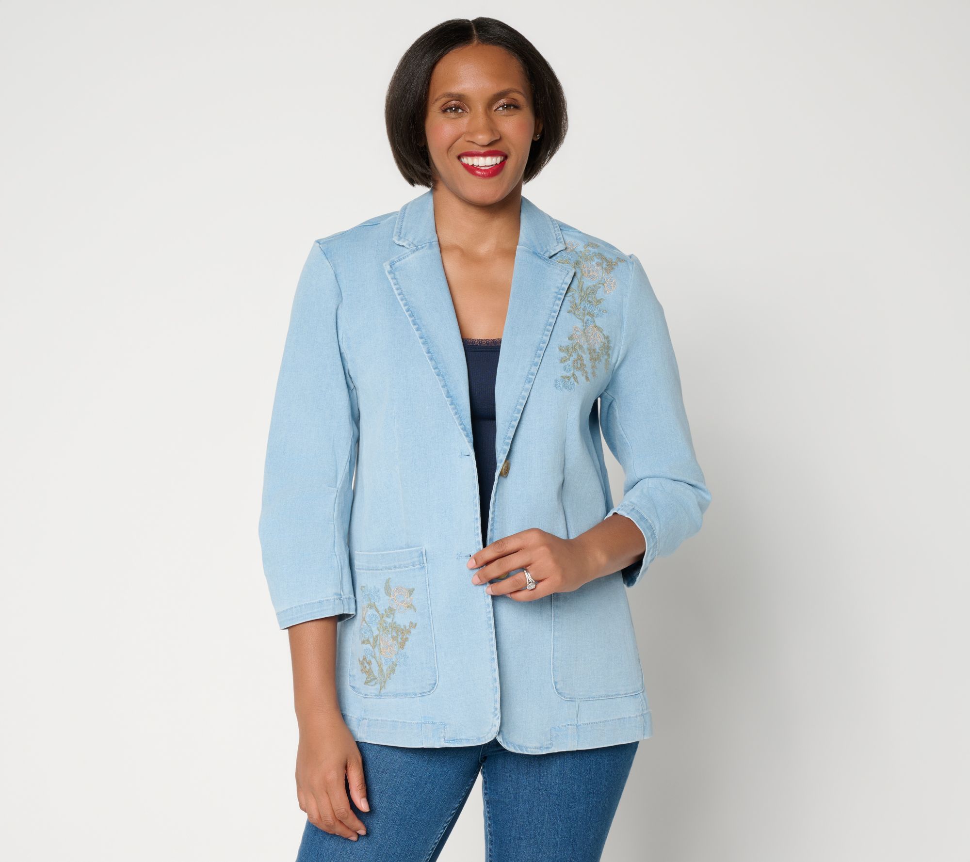Ree by the Pioneer Woman Printed Denim Scrunch Sleeve 2 Button Blazer