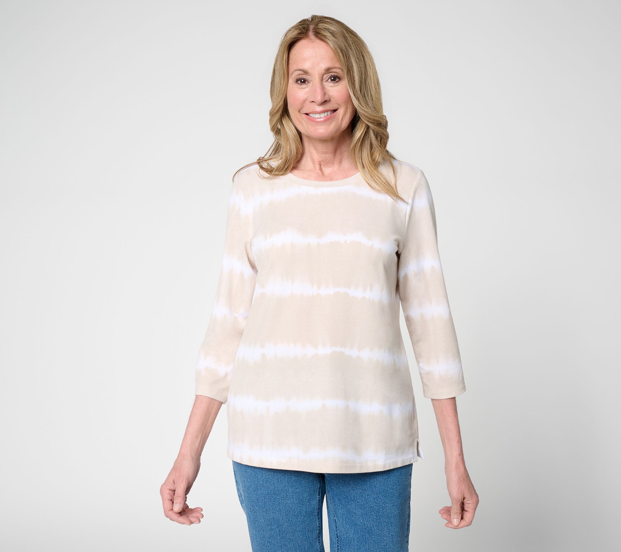 Denim & Co. Petite Soft Blend Tie Dye Stripe Printed Top