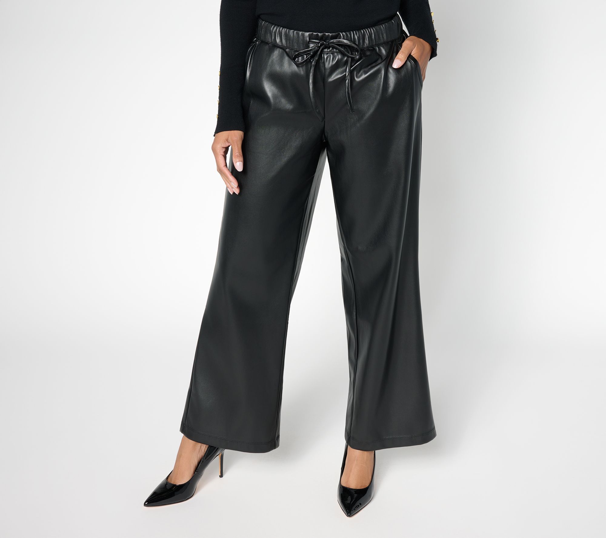 "As Is" NYDJ Relaxed Pull-On Wideleg Stretch Faux Leather Ankle Pants