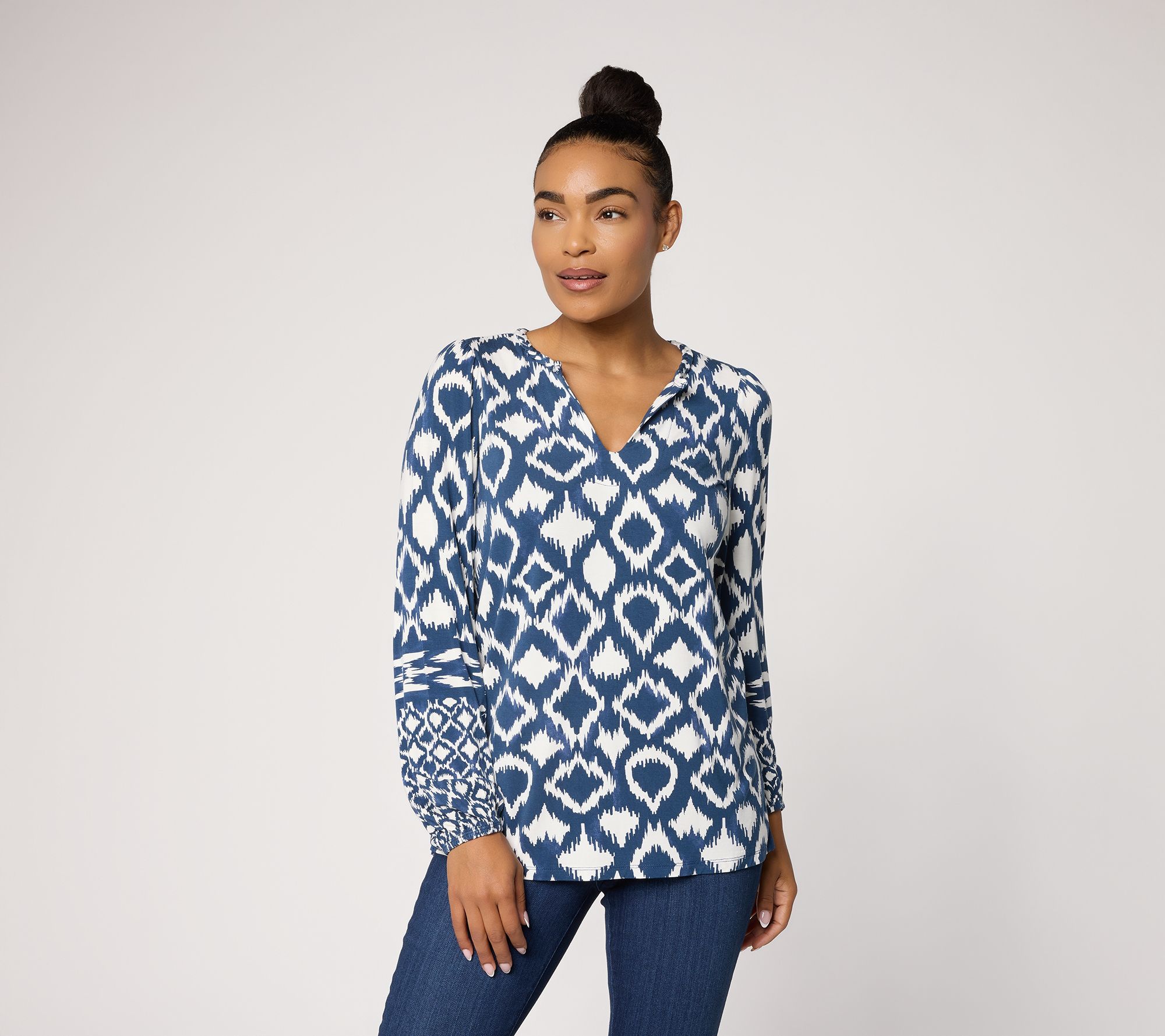 "As Is" Belle by Kim Gravel Rayon Spandex Dyed Geometry Split Neck Top