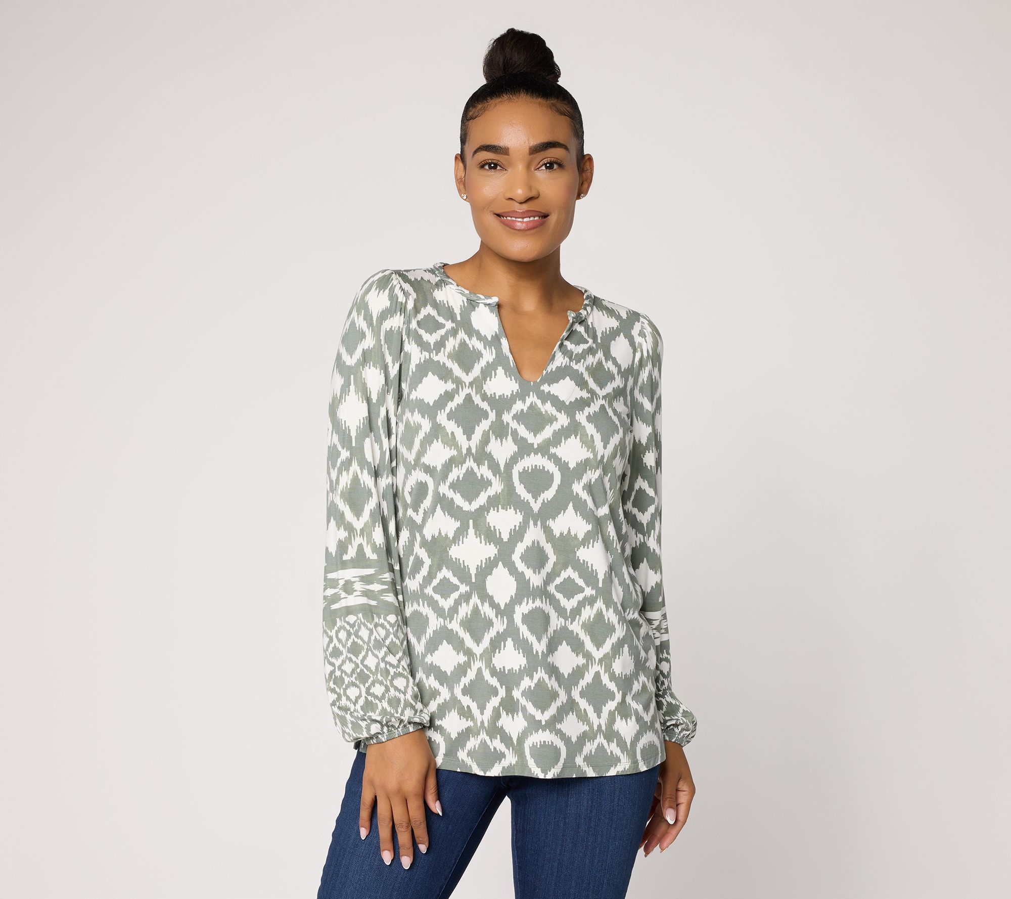 "As Is" Belle by Kim Gravel Rayon Spandex Dyed Geometry Split Neck Top