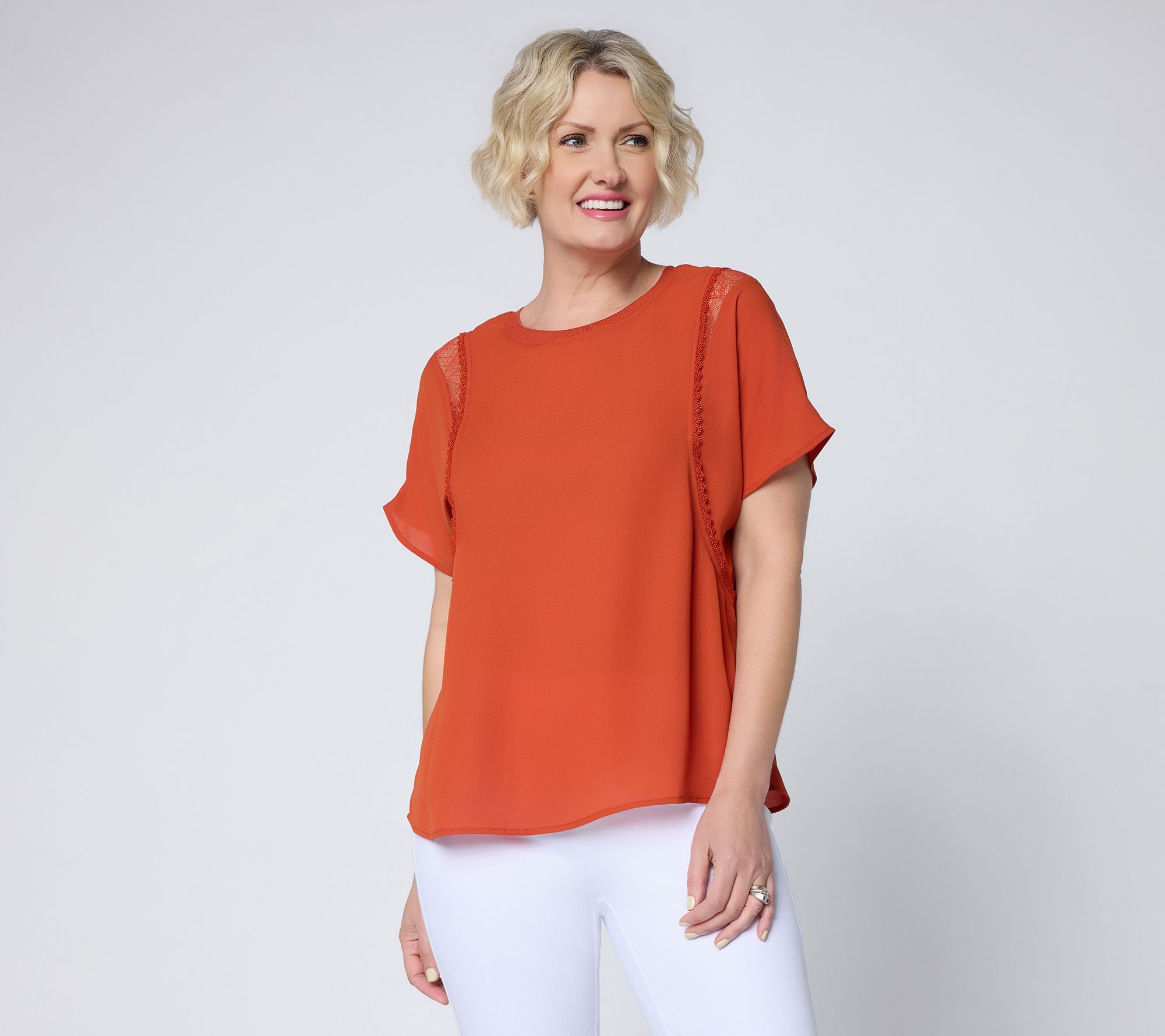 BEAUTIFUL by Lawrence Zarian Crew Neck Woven Top with Lace