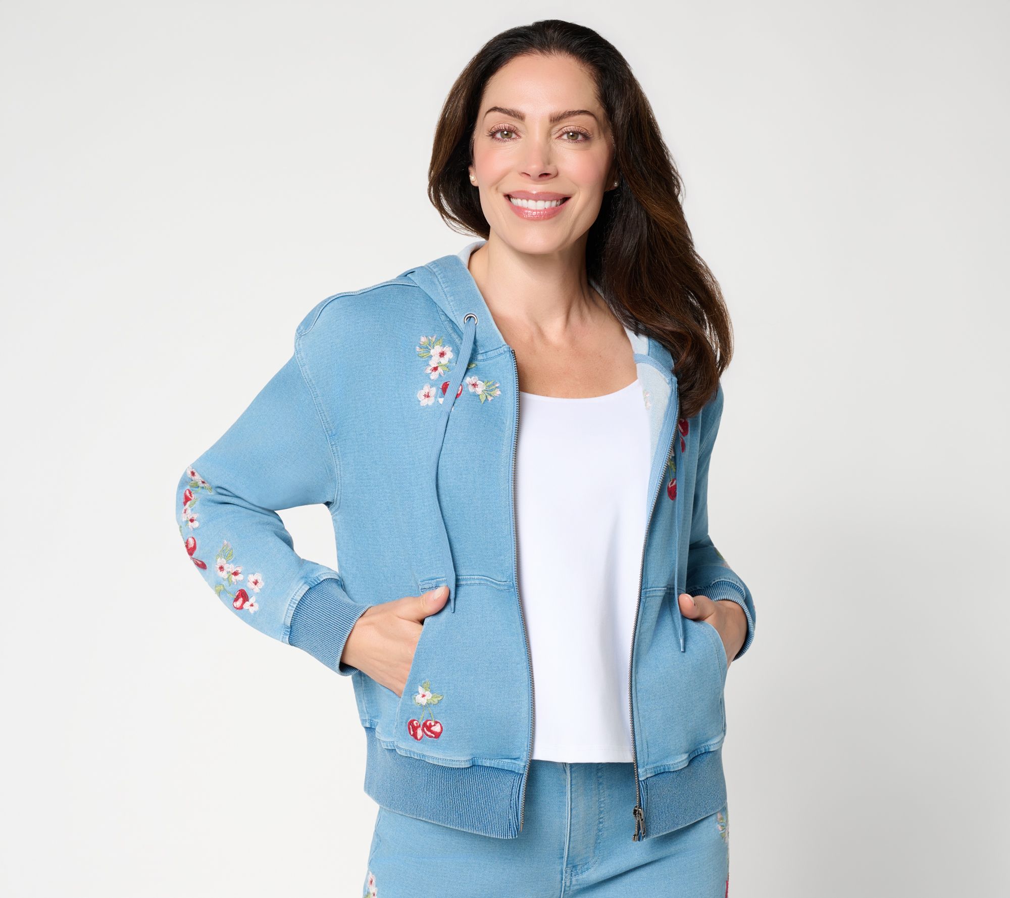 Driftwood Jeans Hallie Knit Denim Zip Front Embroidered Hoodie