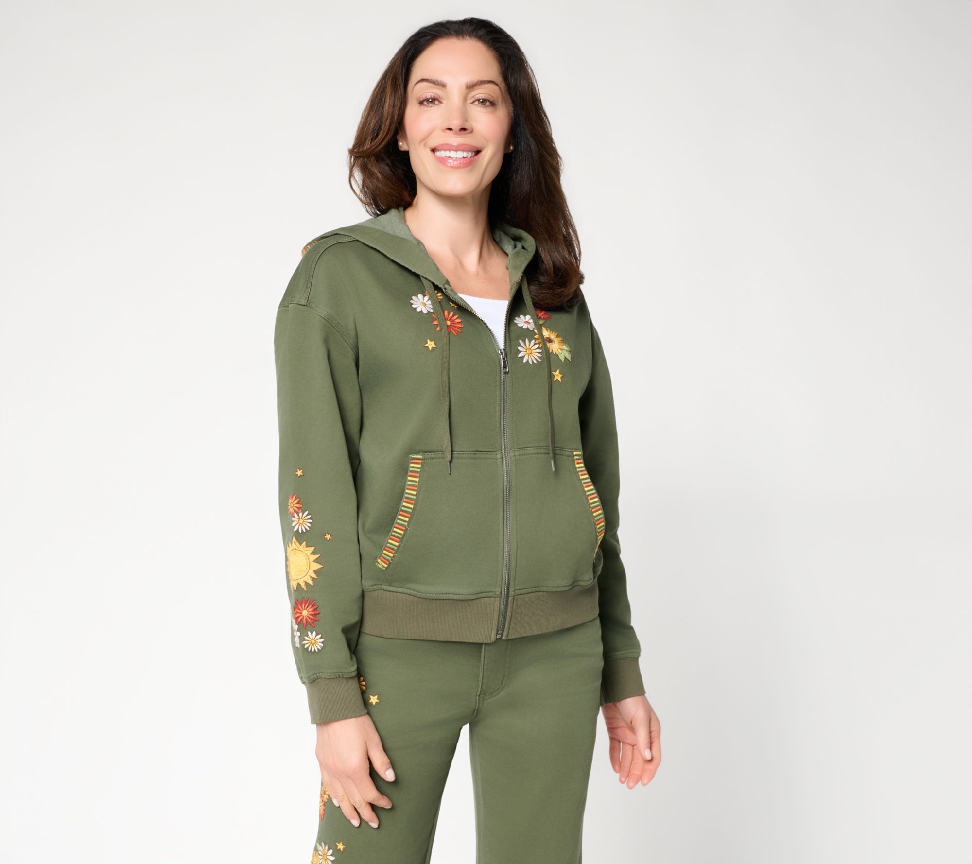 Driftwood Jeans Hallie Knit Denim Zip Front Embroidered Hoodie
