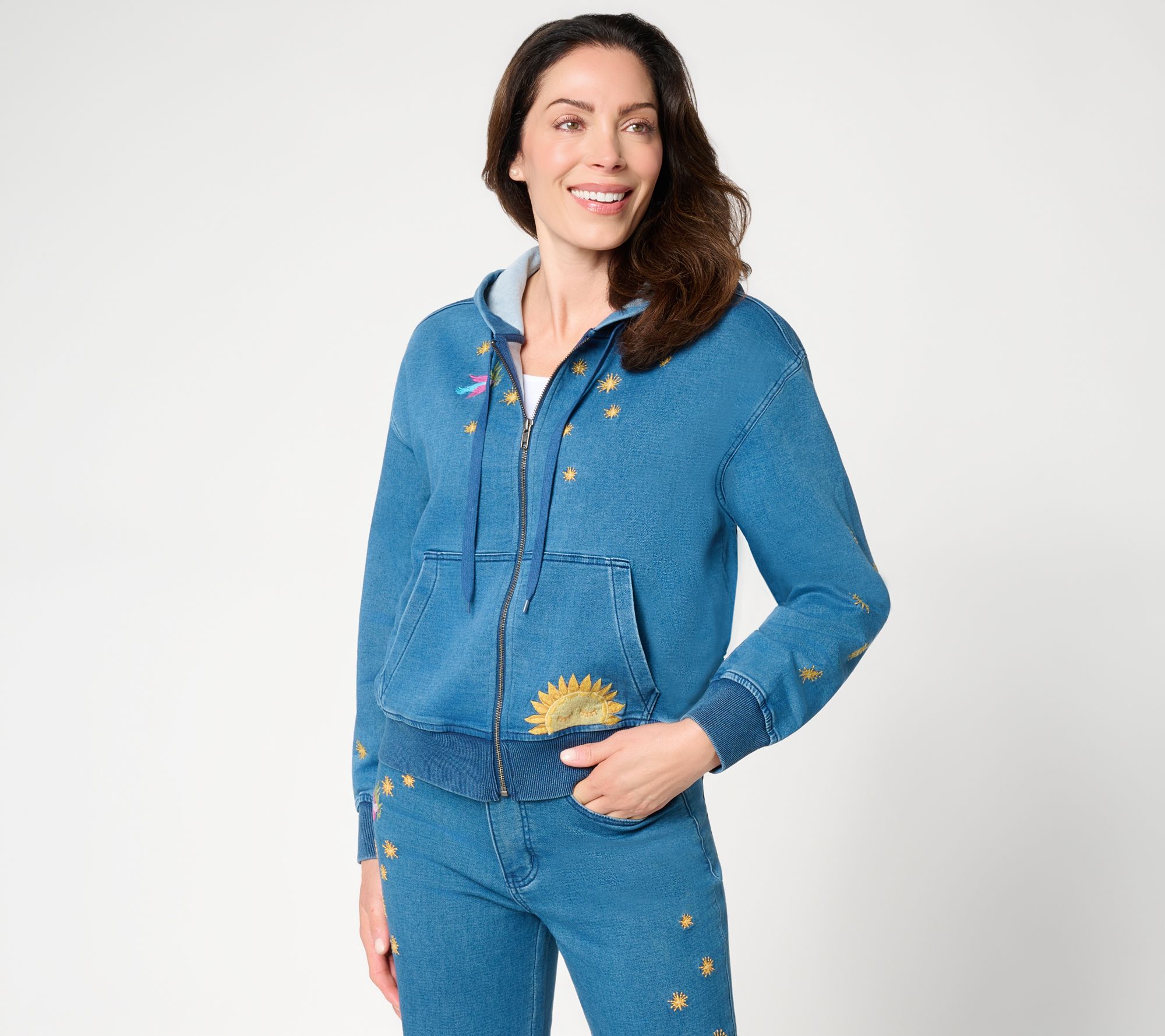 Driftwood Jeans Hallie Knit Denim Zip Front Embroidered Hoodie